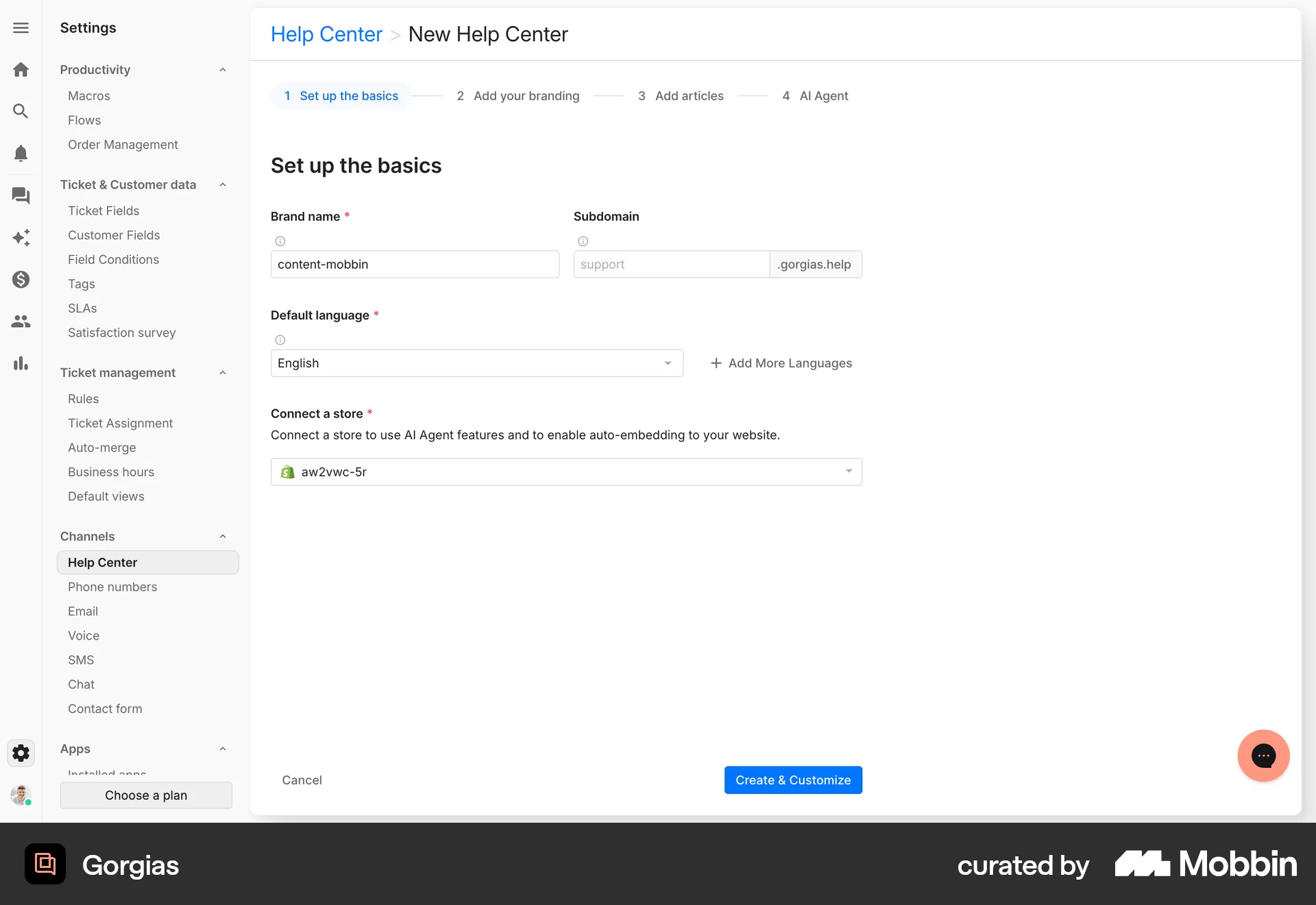 Gorgias Web Wizard UI screen