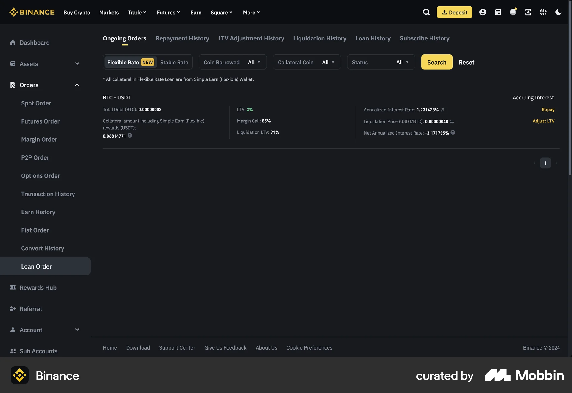 Binance Web Order History screen