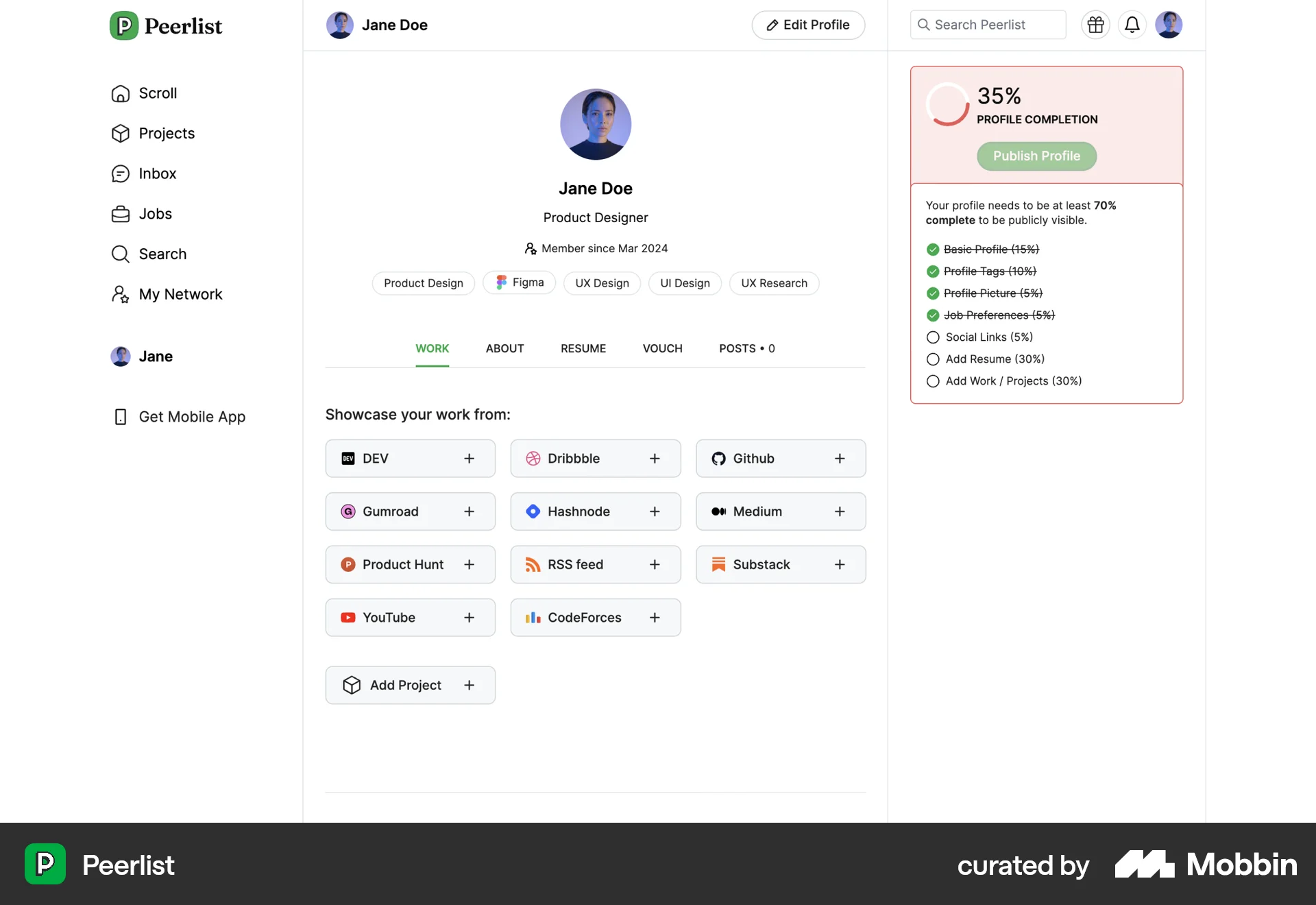 Peerlist Web My Account & Profile screen