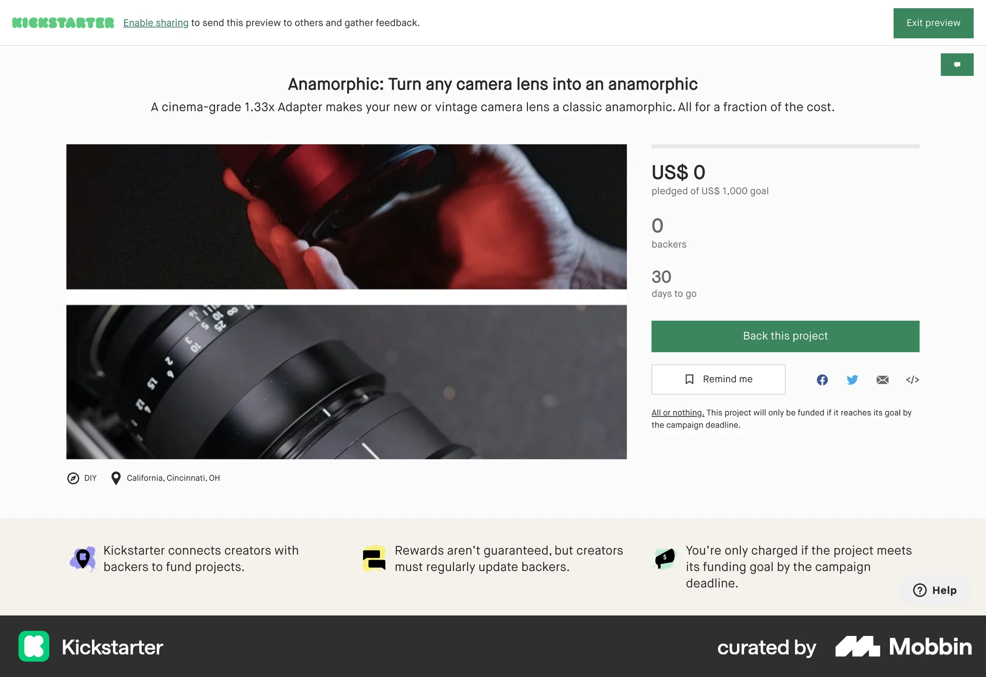 Kickstarter Web Product Detail screen