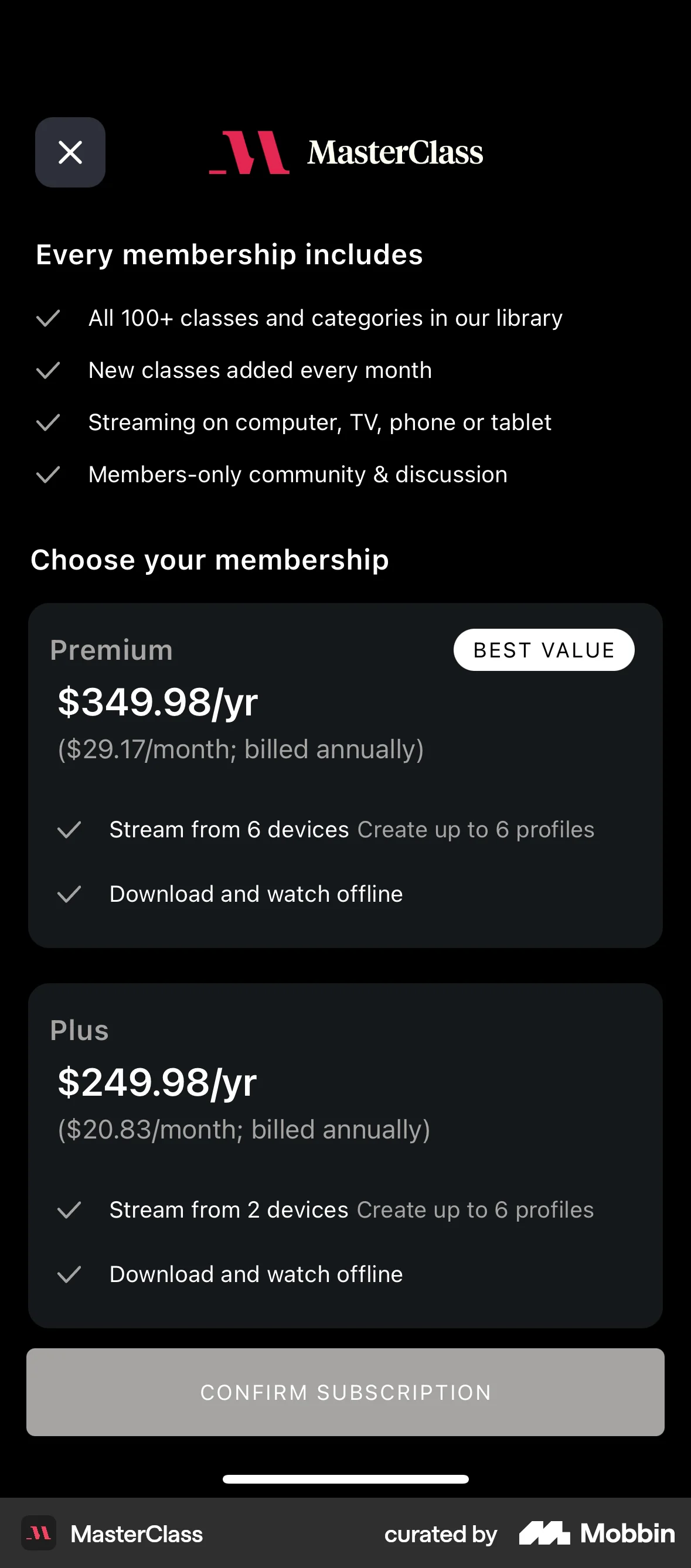 MasterClass iOS Subscription & Paywall screen