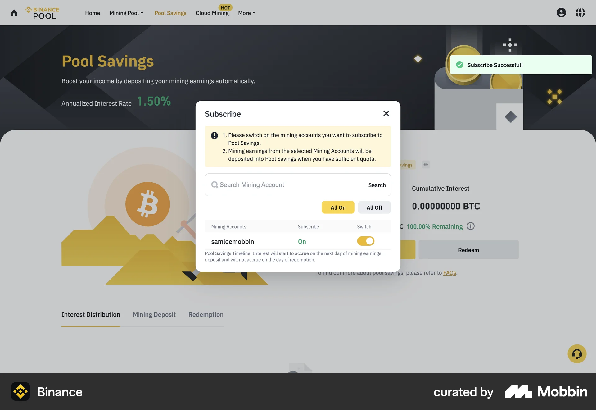 Binance Web Follow & Subscribe screen