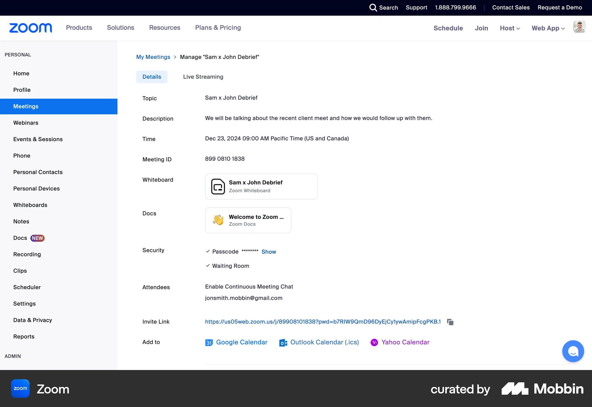 Zoom Web Event Detail screen