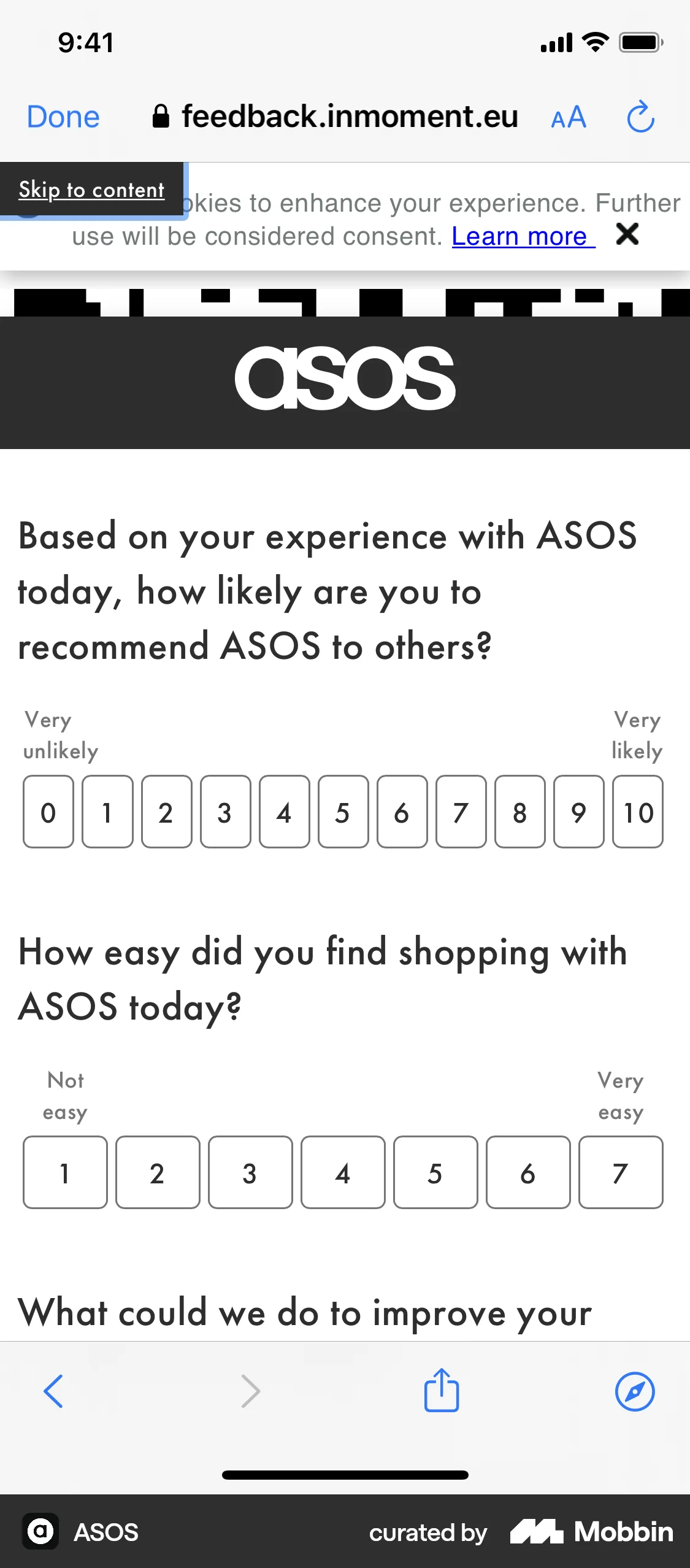 ASOS iOS Feedback screen