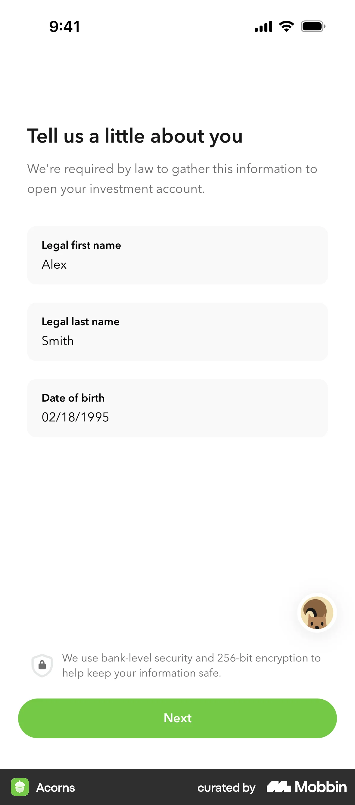 Acorns Onboarding screen