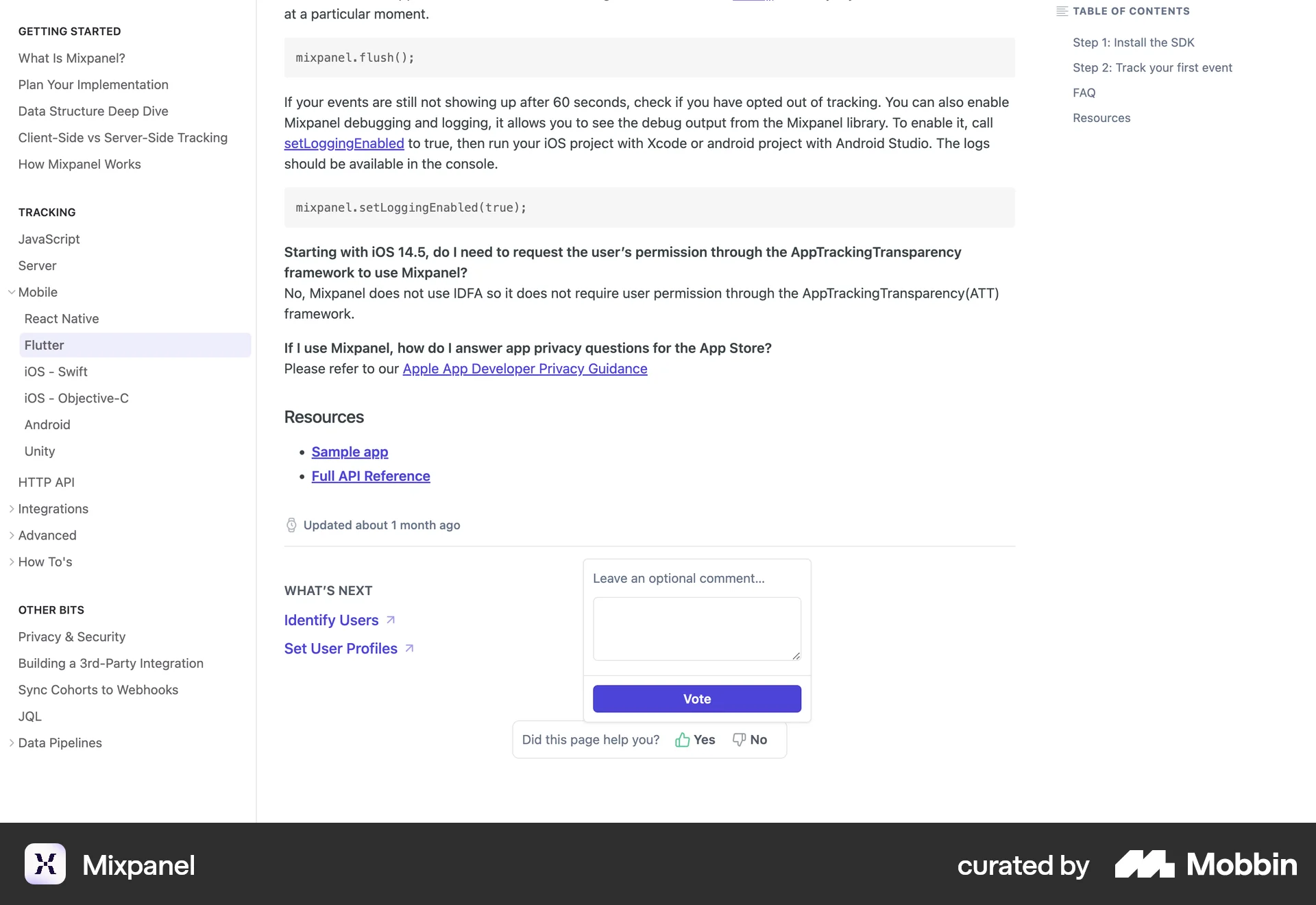 Mixpanel Web Feedback screen