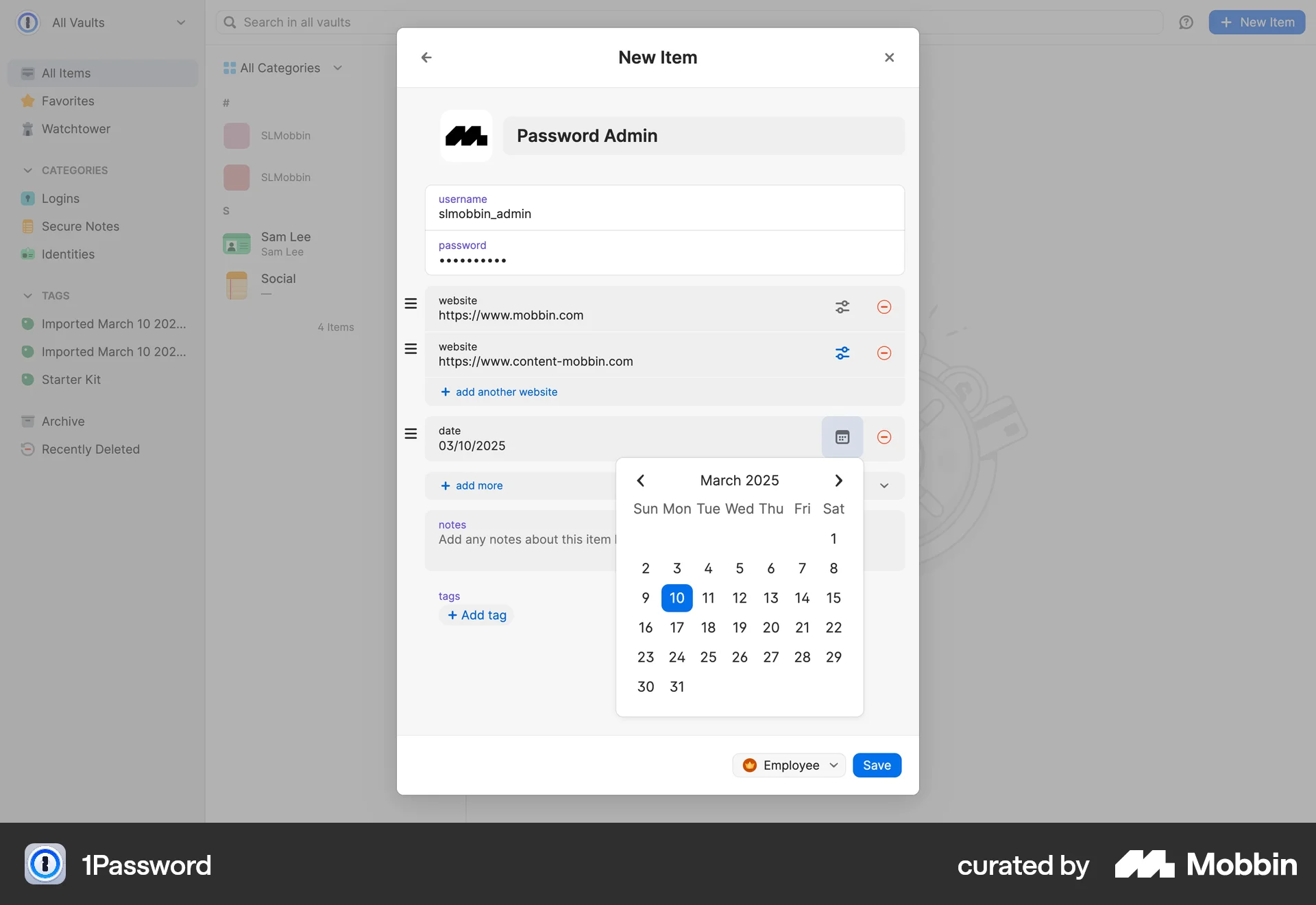 1Password Web screen containing Date Picker UI element