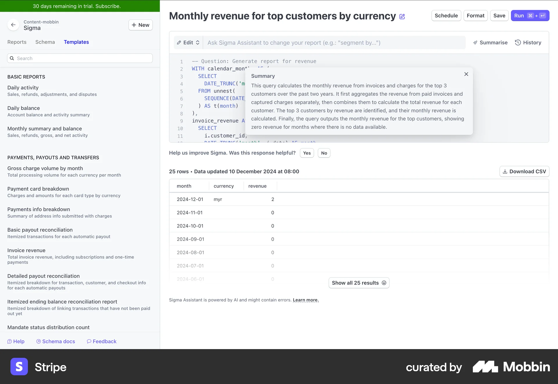 Stripe Web Feedback screen