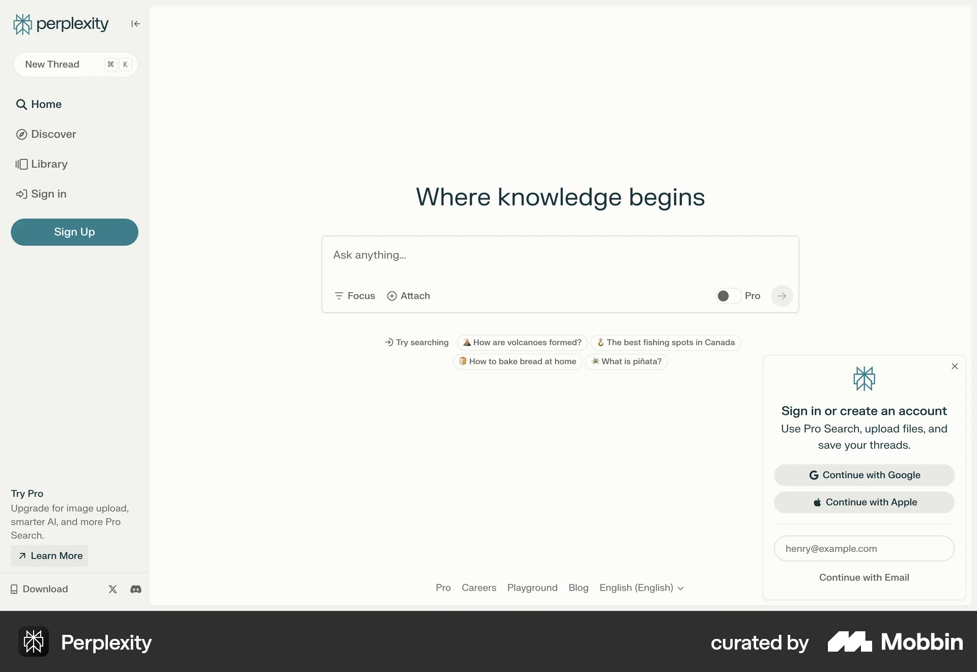 Perplexity Web Signup screen