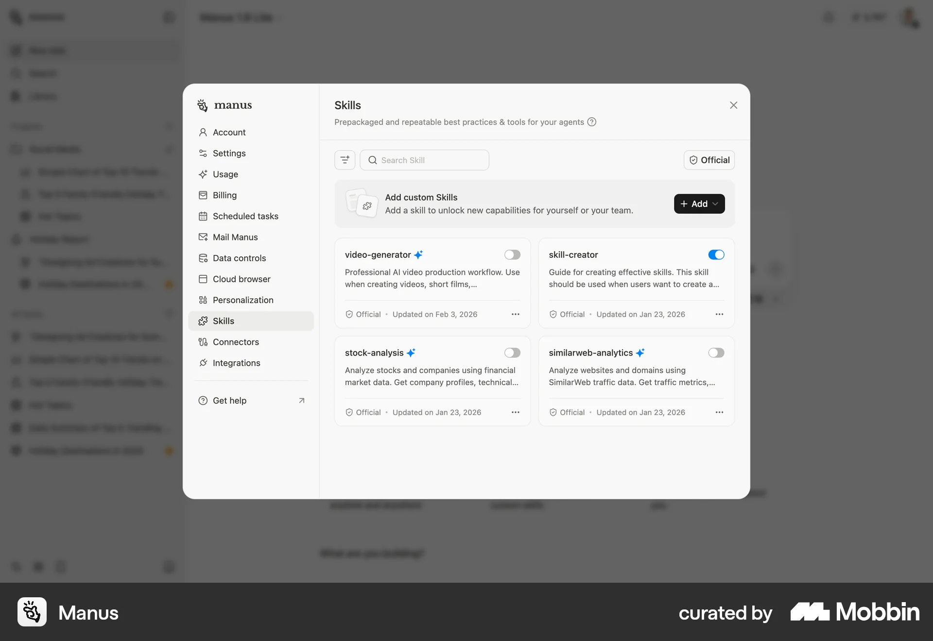 Manus Web screen containing Switch UI element