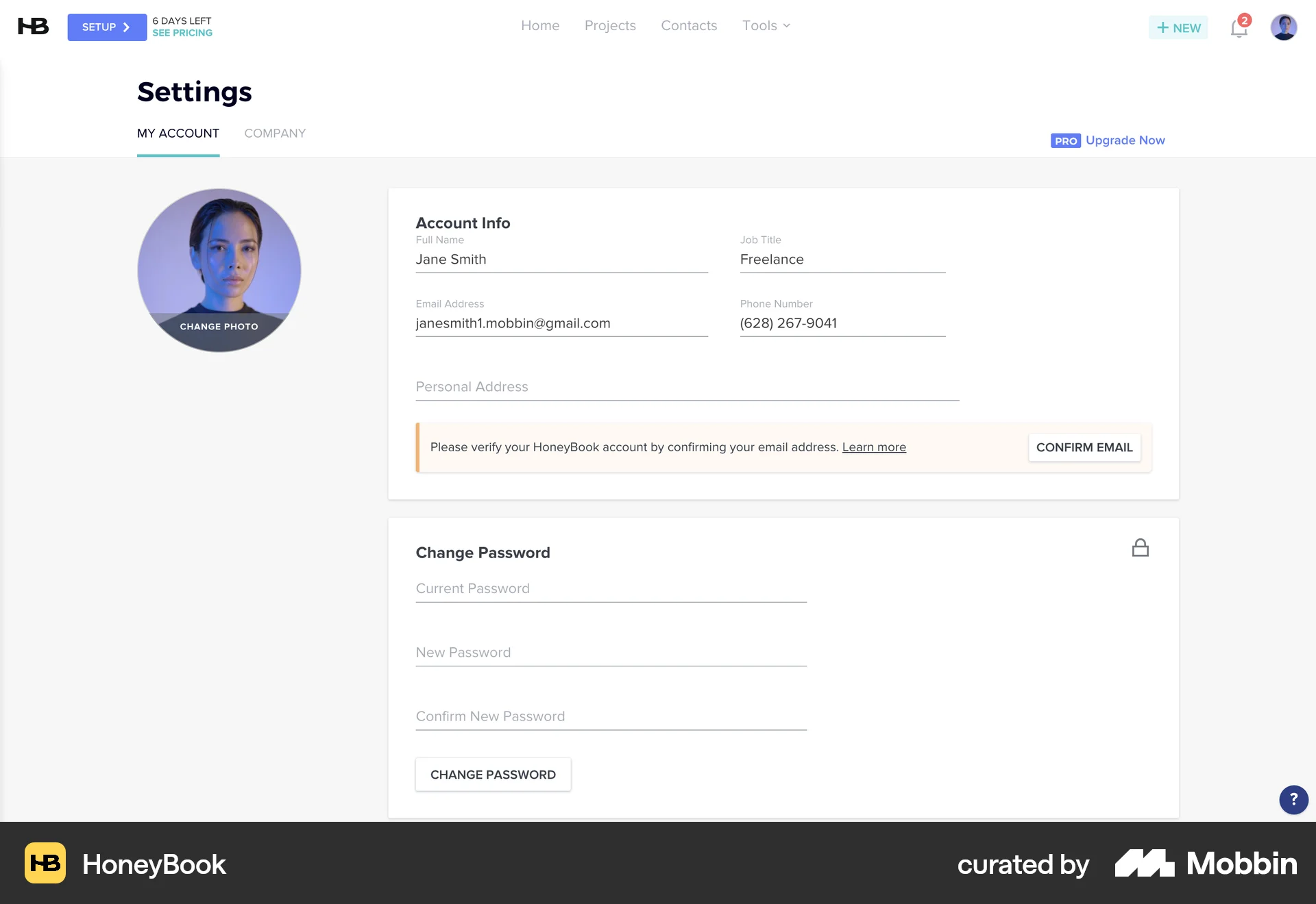HoneyBook Web My Account & Profile screen