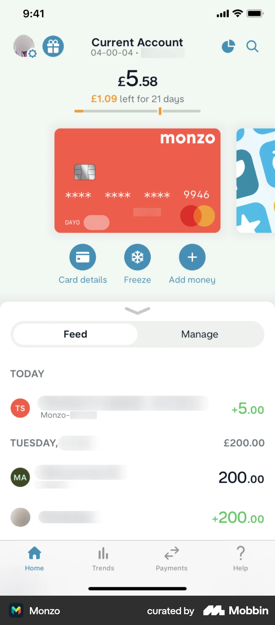 Monzo iOS Home screen