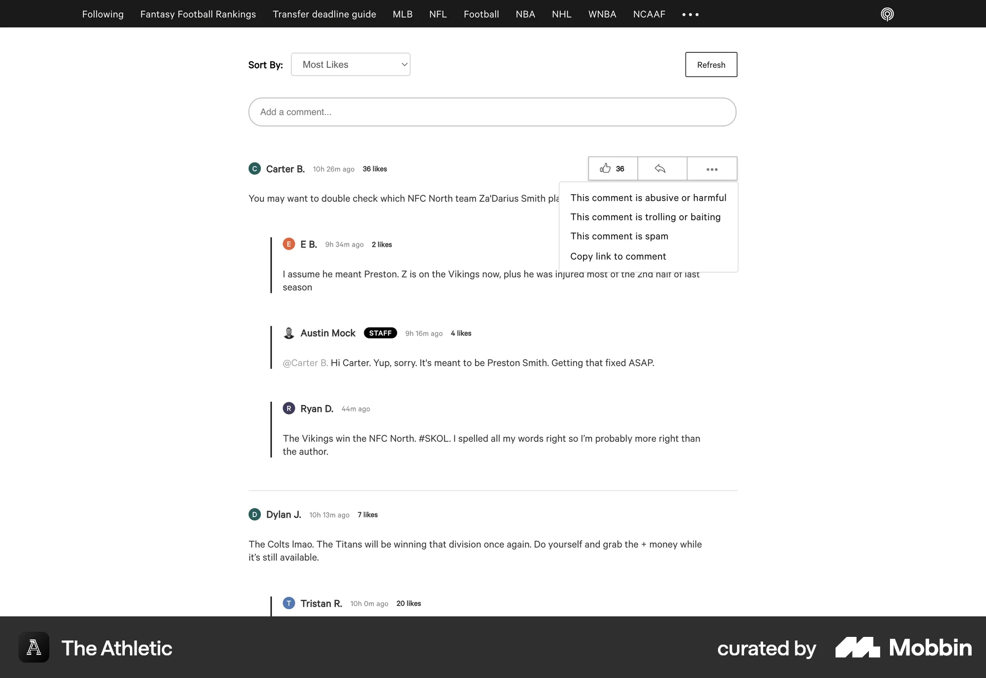 The Athletic Web Flag & Report screen