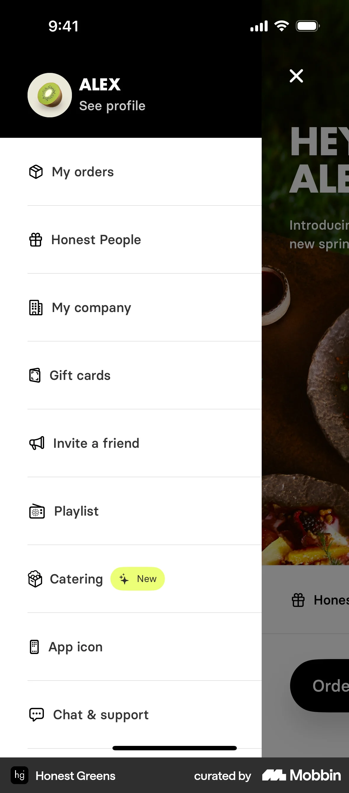 Honest Greens iOS screen containing Side Navigation UI element