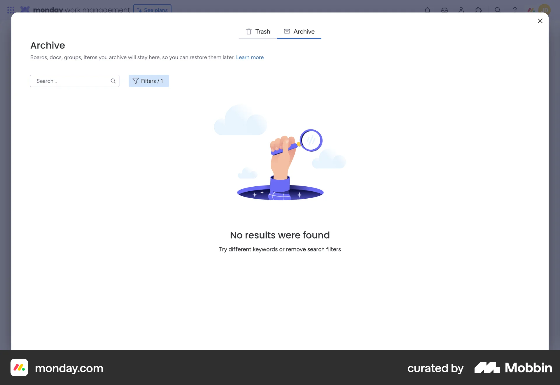 monday.com Web Trash & Archive screen