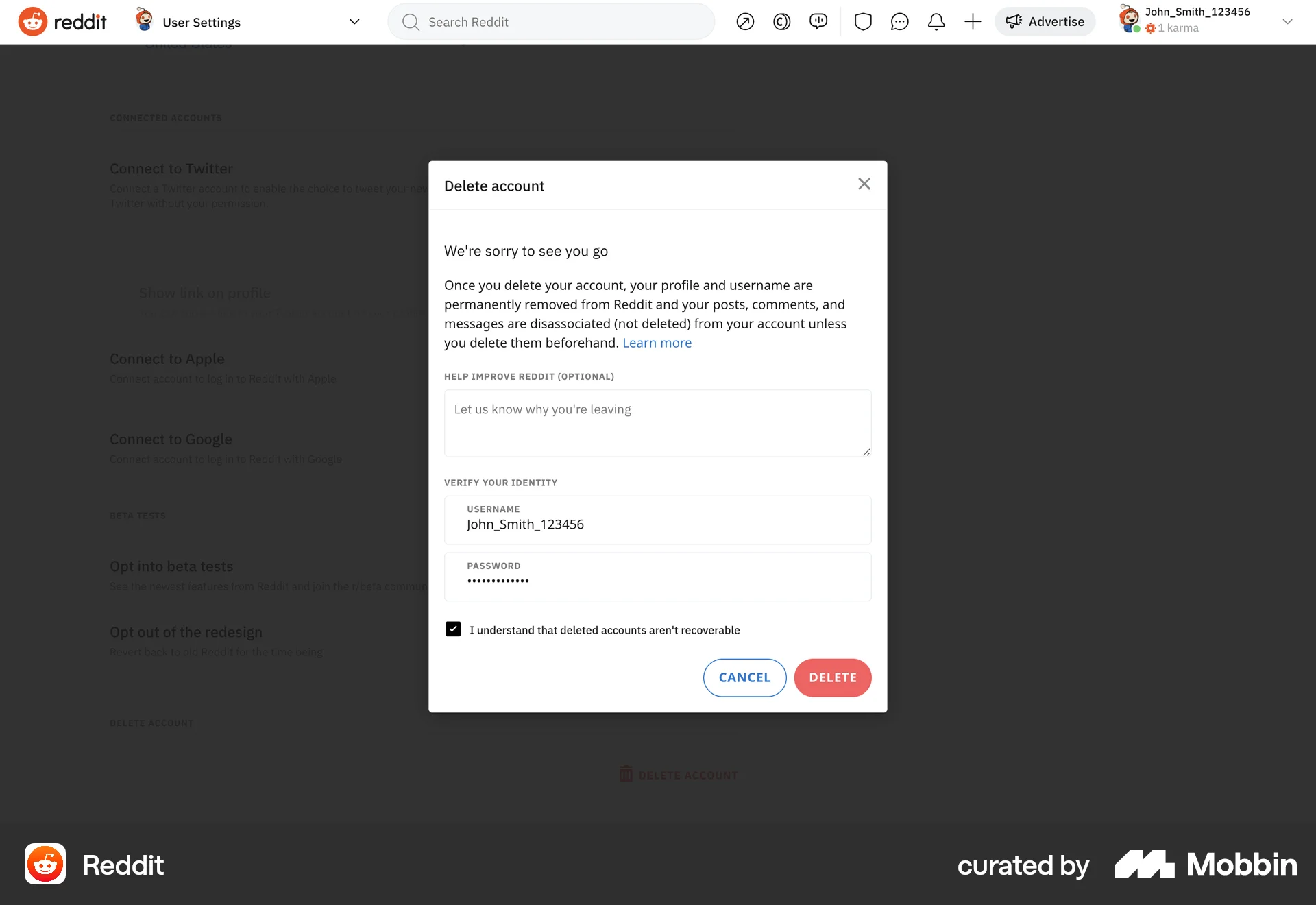Reddit Web Delete & Deactivate Account screen