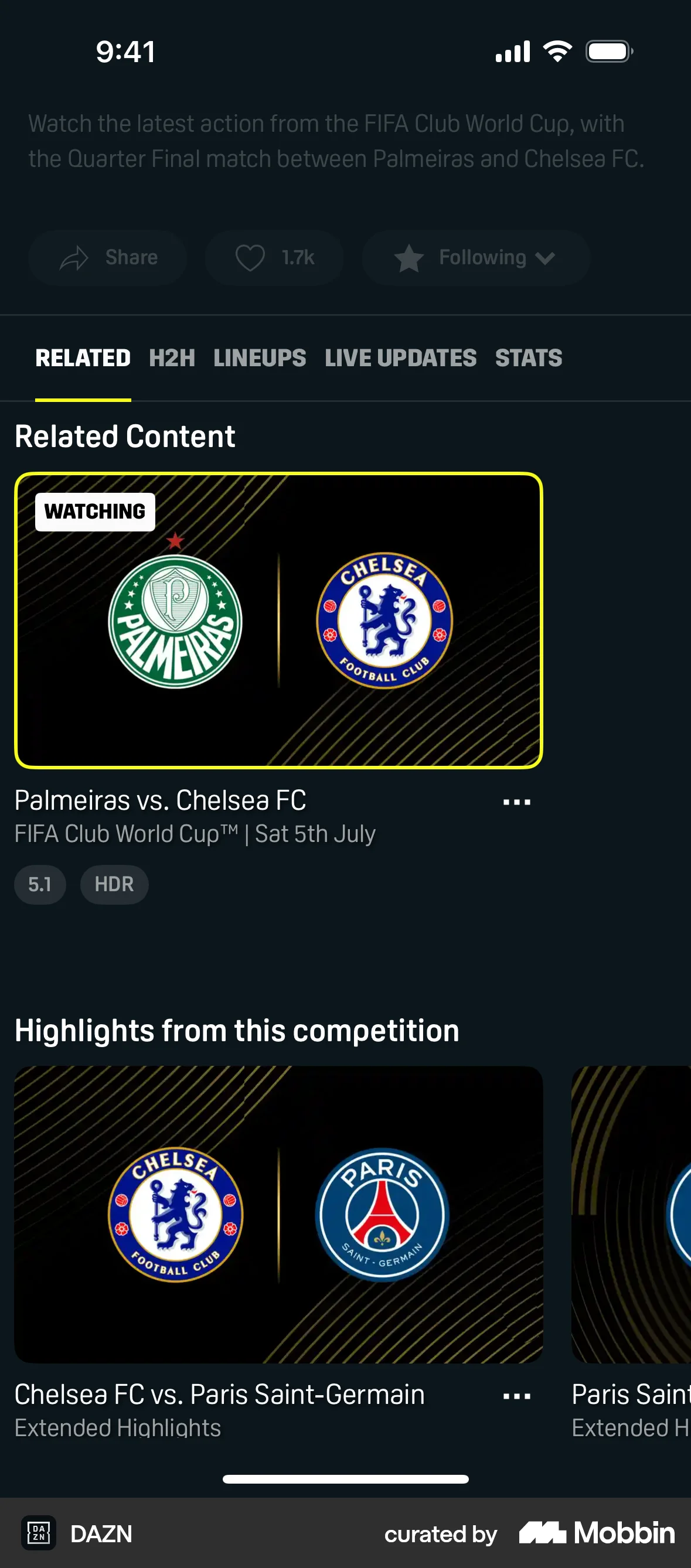 DAZN iOS Suggestions & Similar Items screen