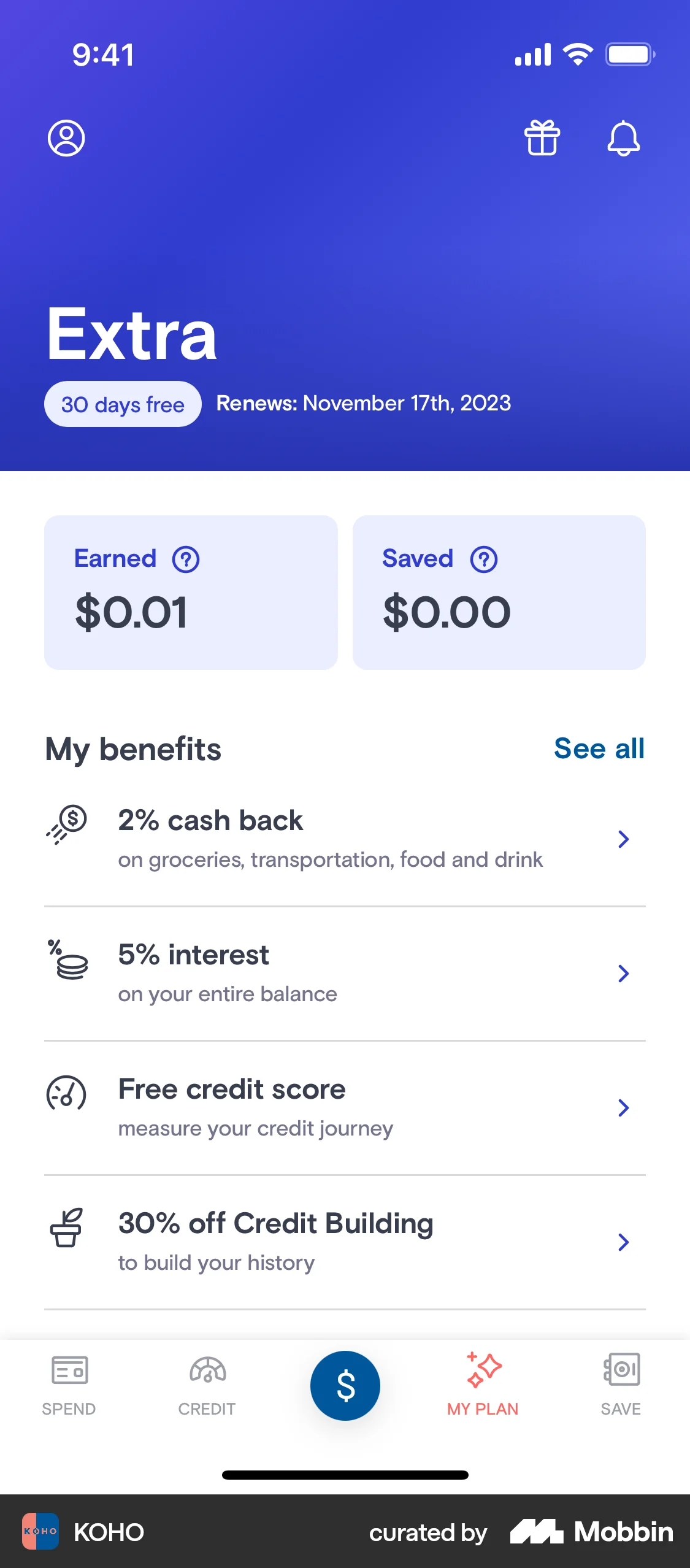 KOHO iOS Billing screen