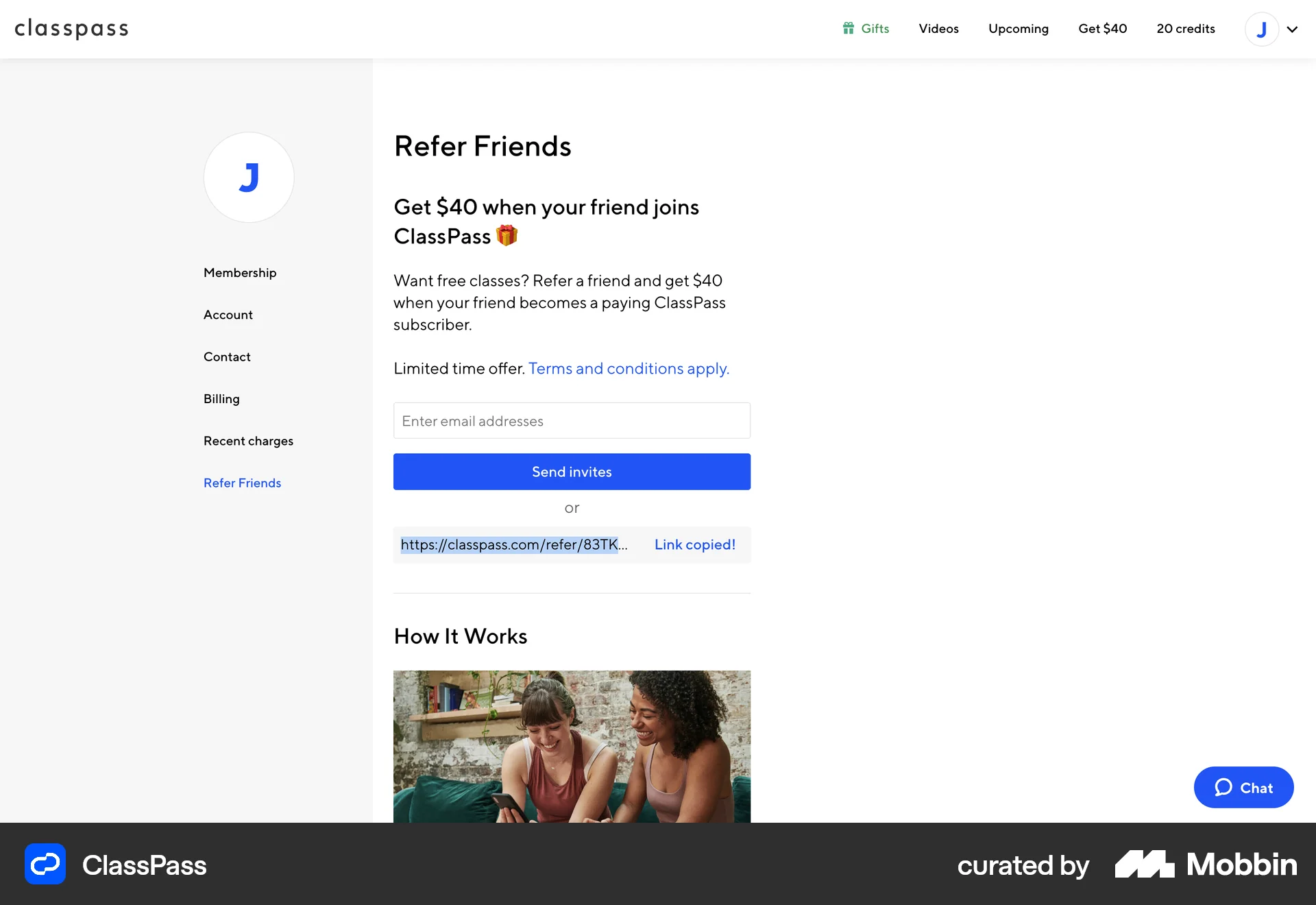 ClassPass Web Invite & Refer Friends screen