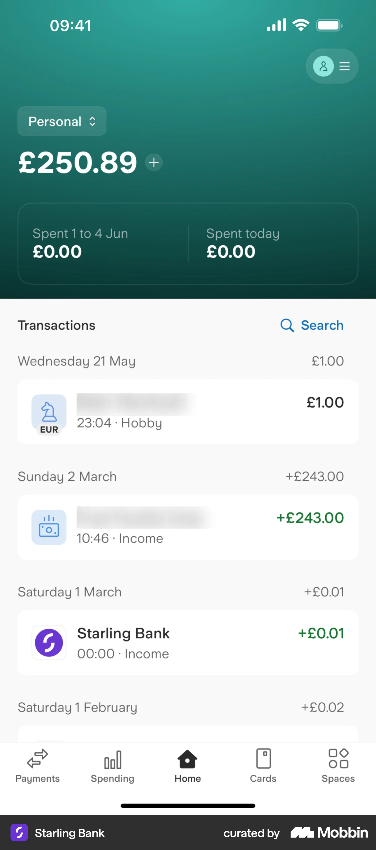 Starling Bank iOS Bank App Design screen