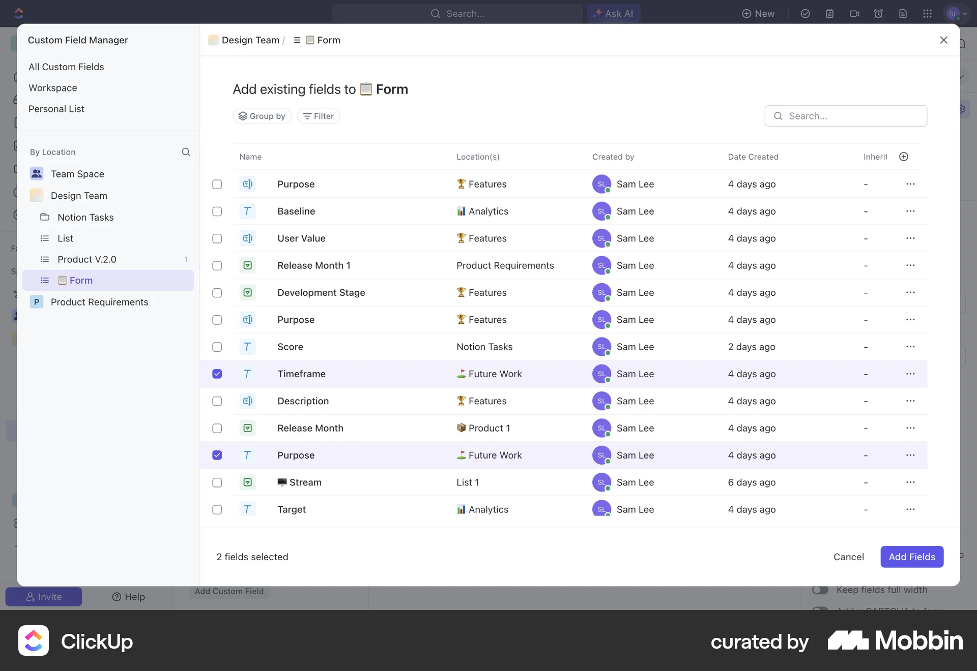 ClickUp Web screen containing Table UI element
