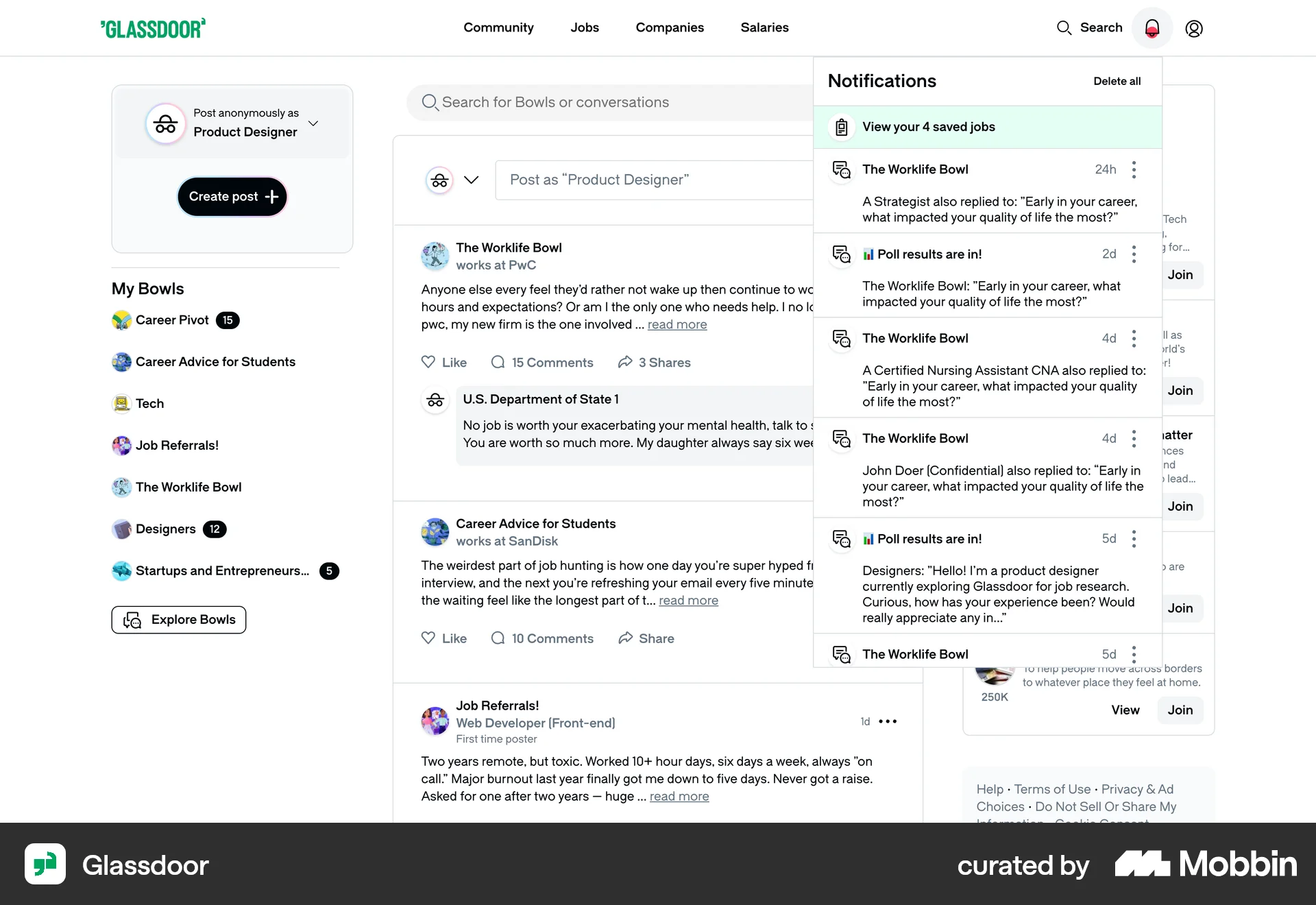 Glassdoor Web Notifications screen