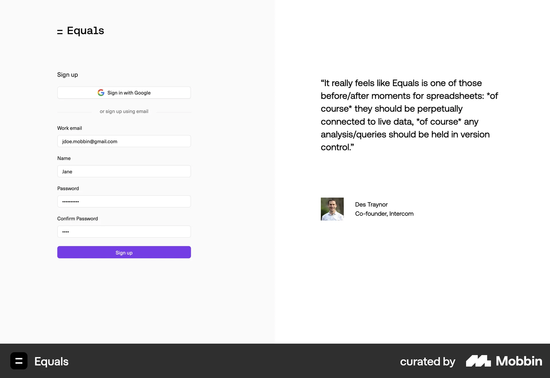 Equals Web Signup screen