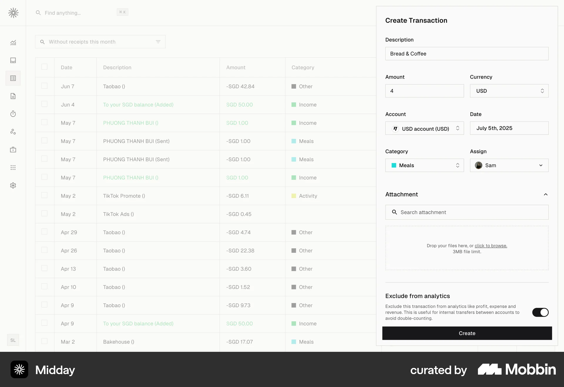 Midday Creating a transaction screen