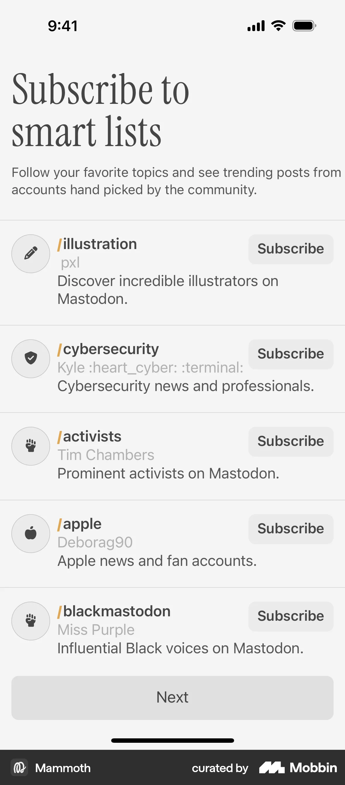 Mammoth iOS Follow & Subscribe screen