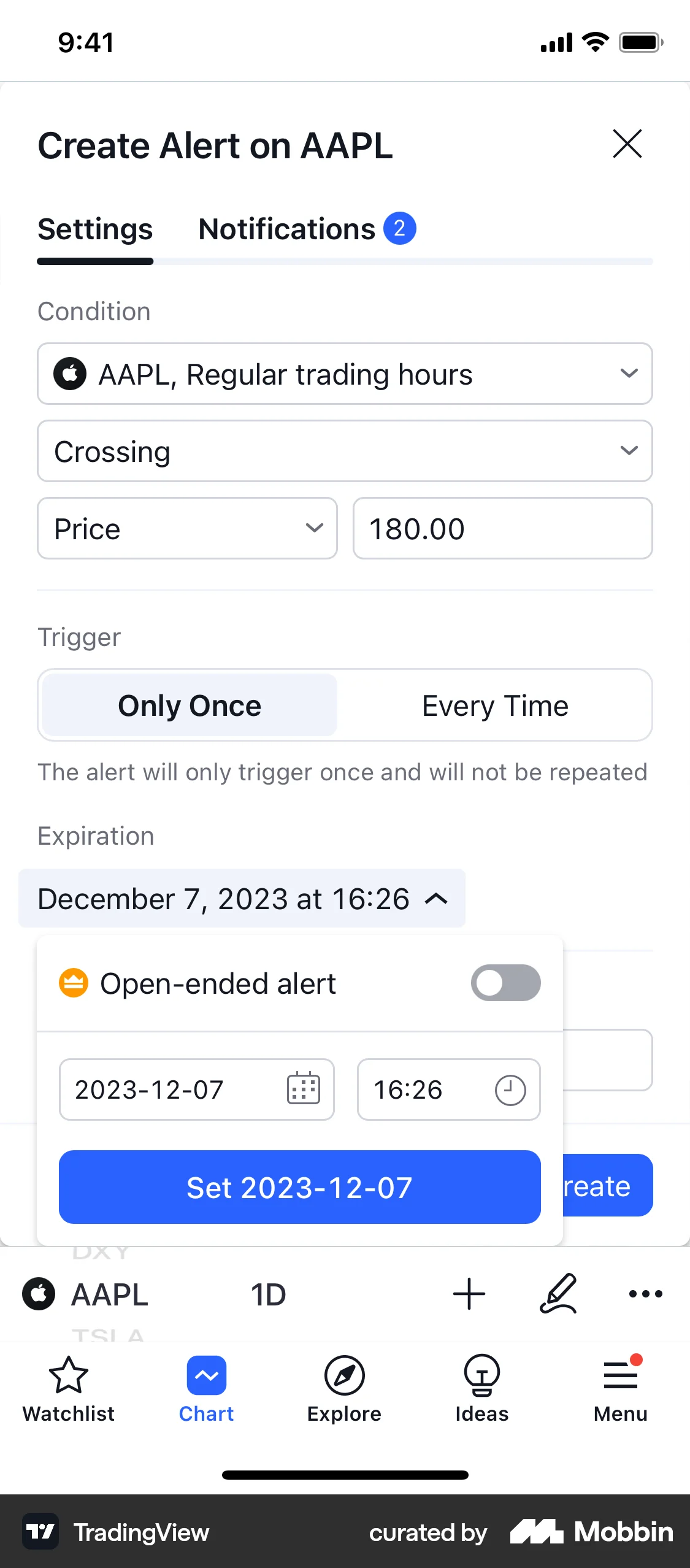 TradingView iOS Reminder screen