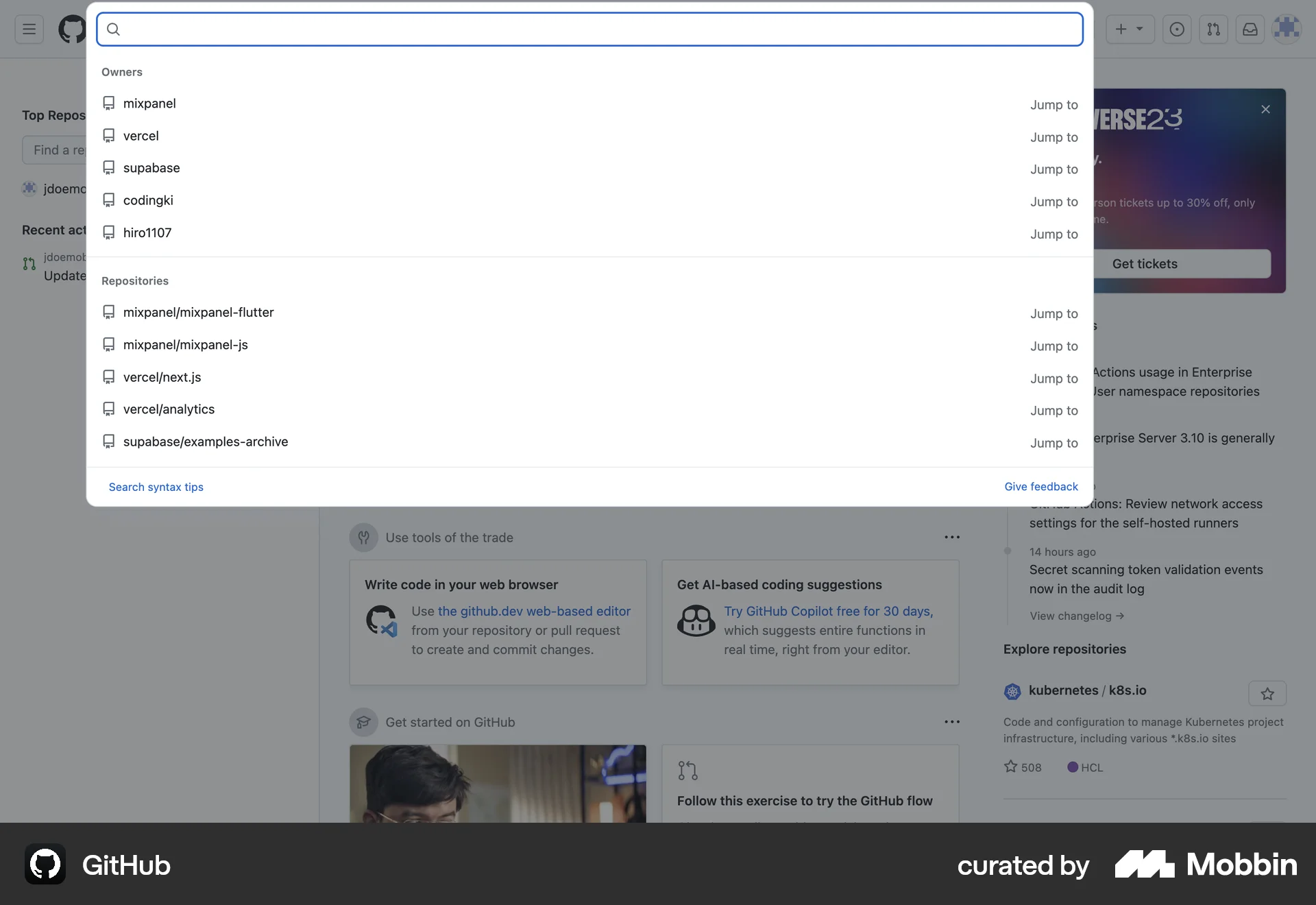 GitHub Web Command Palette screen