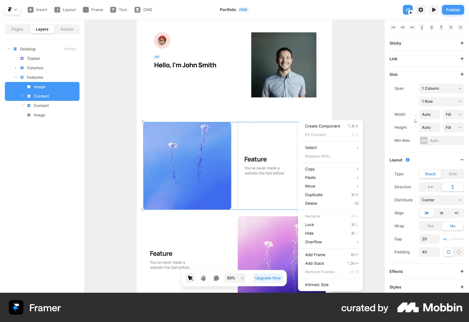 Framer Web screen containing Context Menu UI element