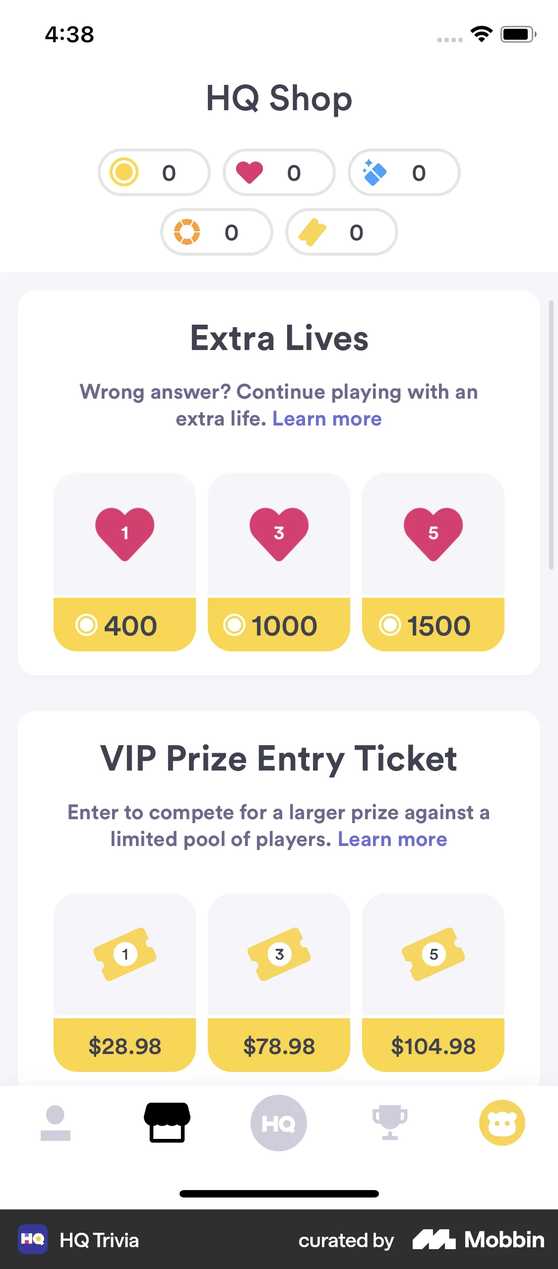 HQ Trivia iOS Shop & Storefront screen