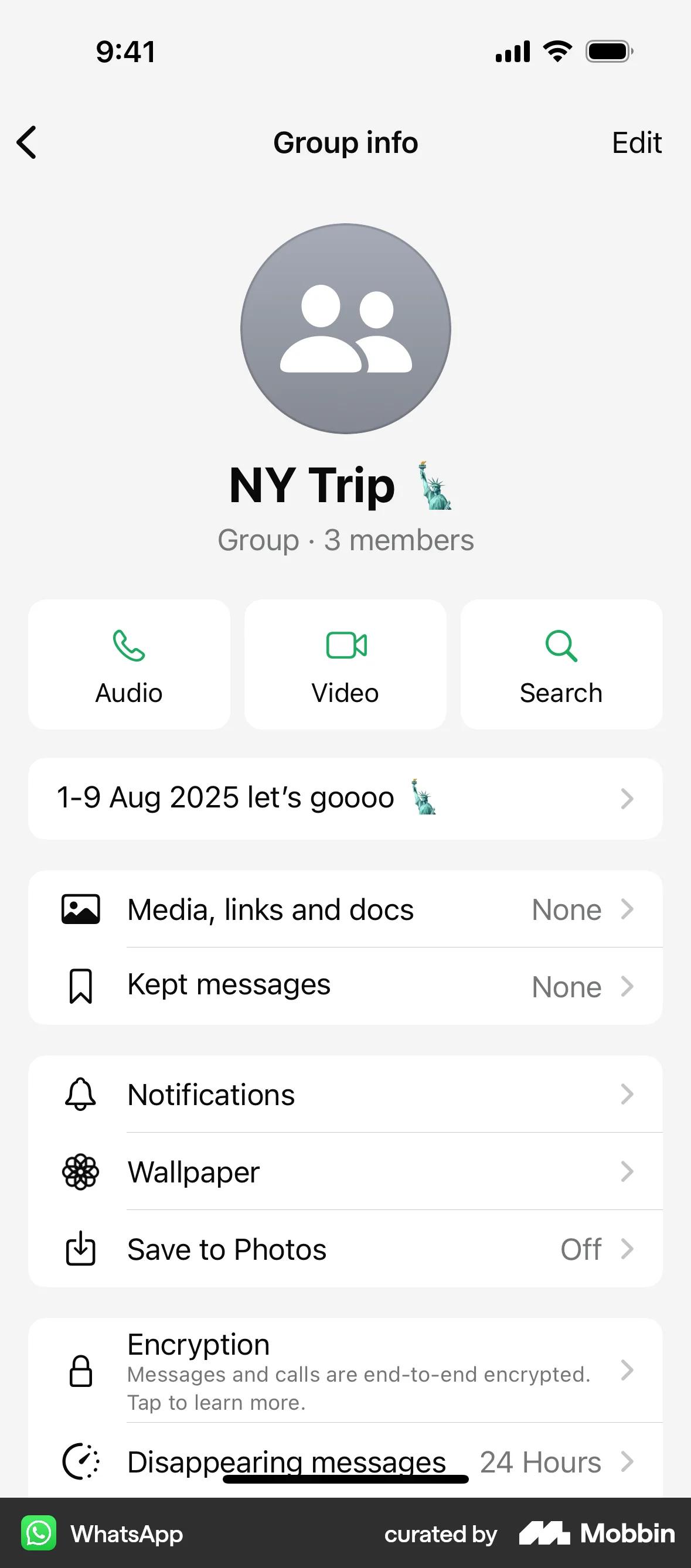 WhatsApp iOS User / Group Profile screen