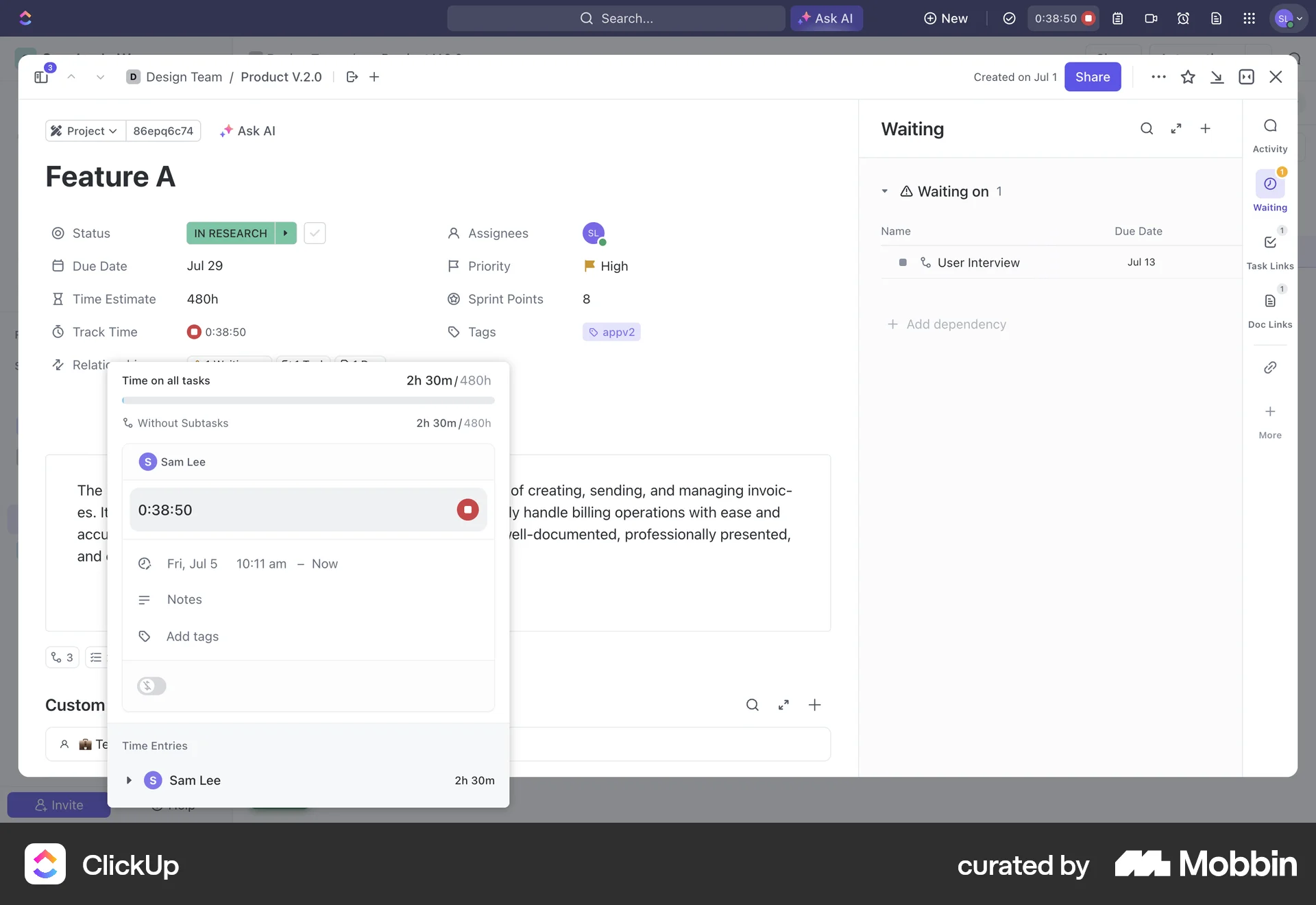 ClickUp Web Timer & Clock screen