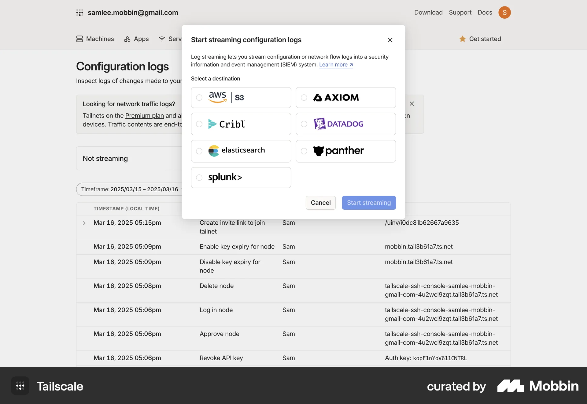 Tailscale Web Log Dashboard screen