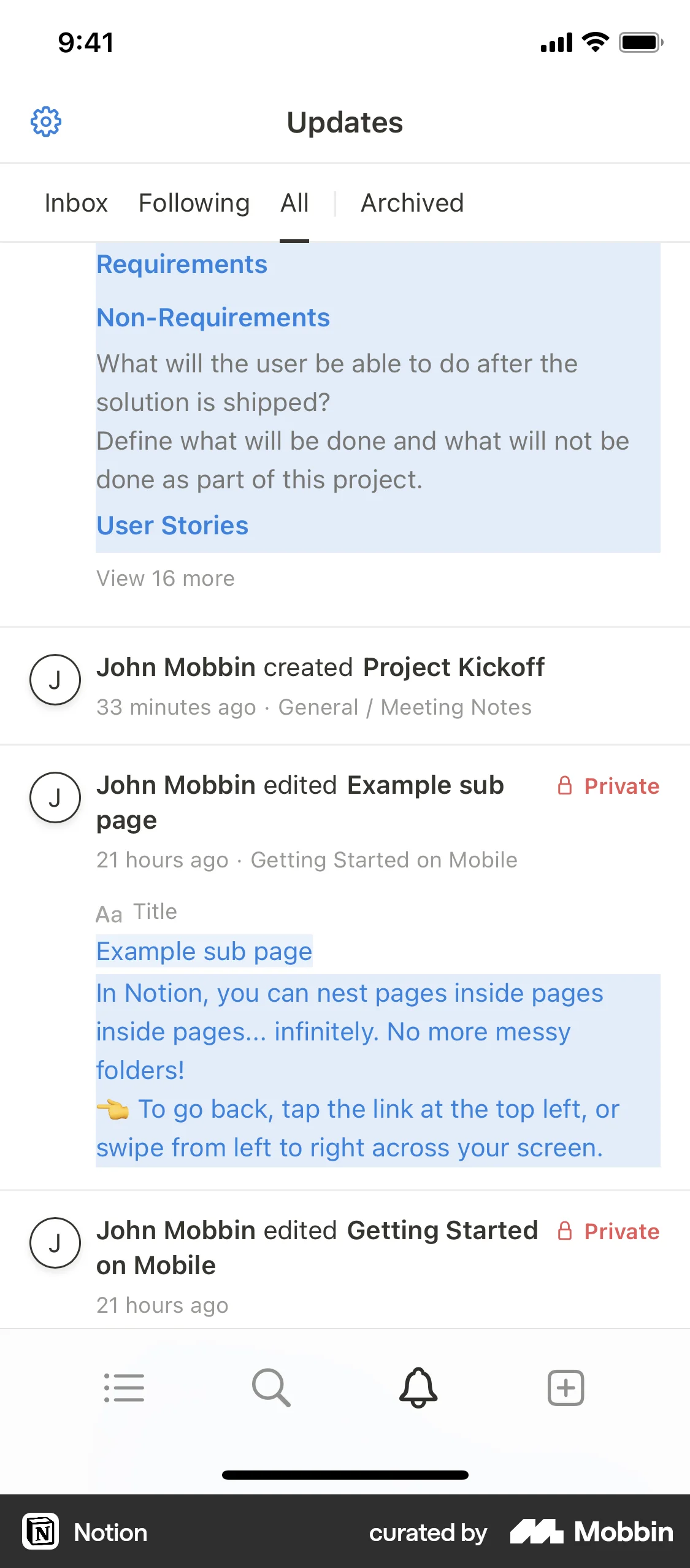 Notion iOS Notifications screen