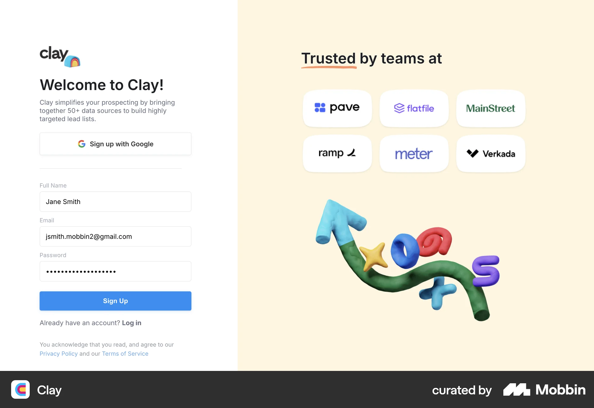 Clay Web Signup screen