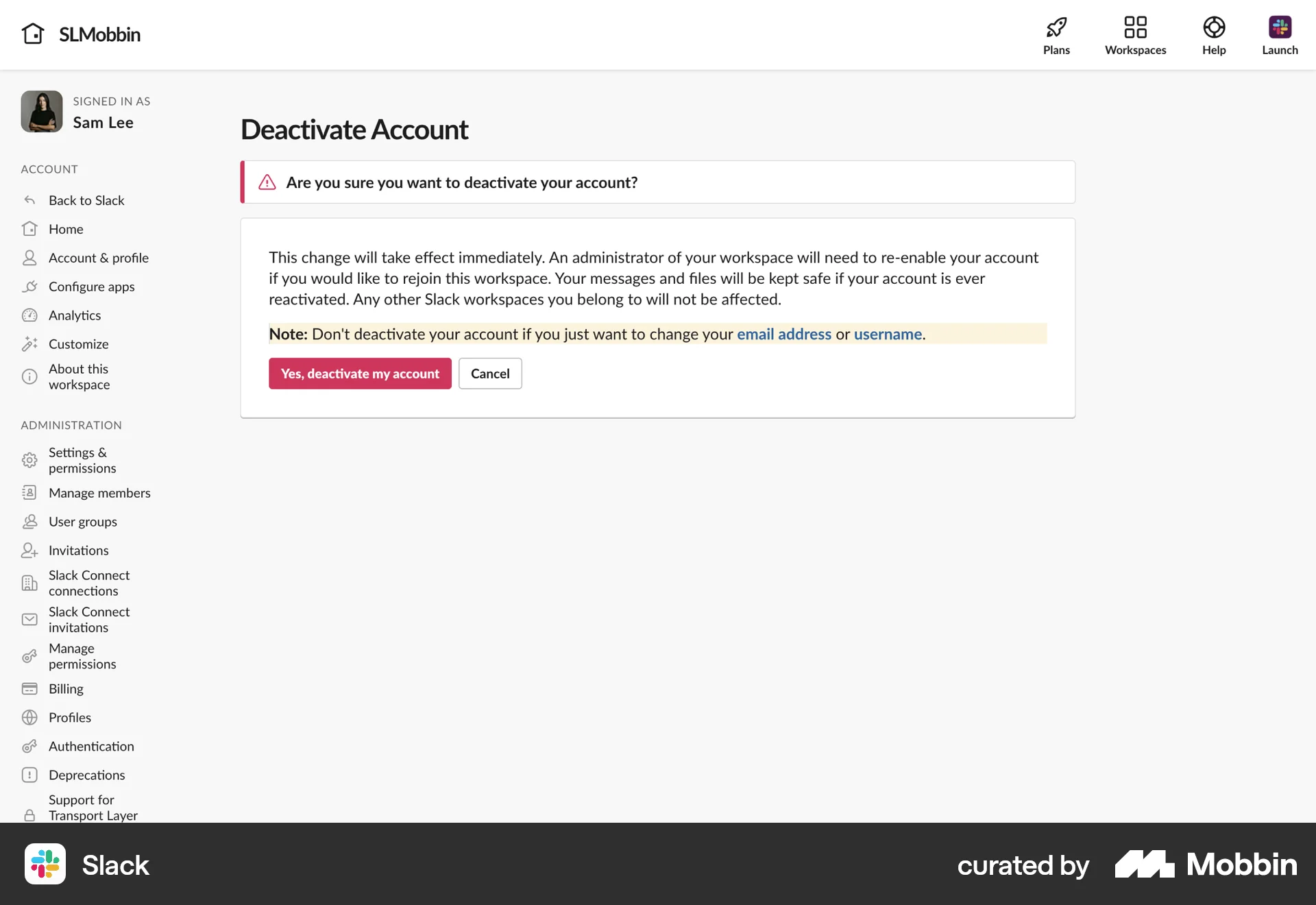Slack Web Delete & Deactivate Account screen