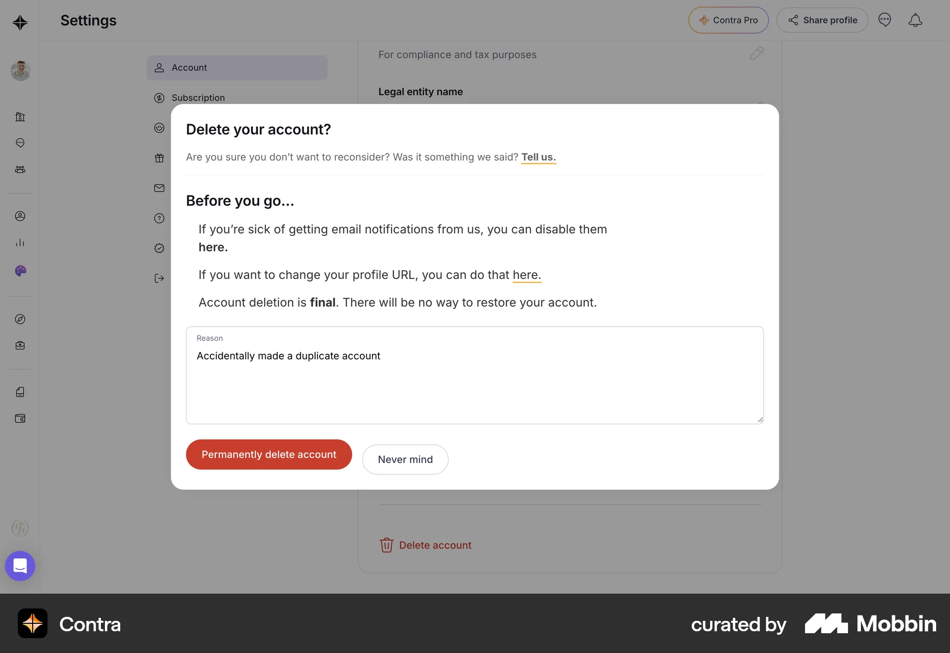 Contra Web Delete & Deactivate Account screen
