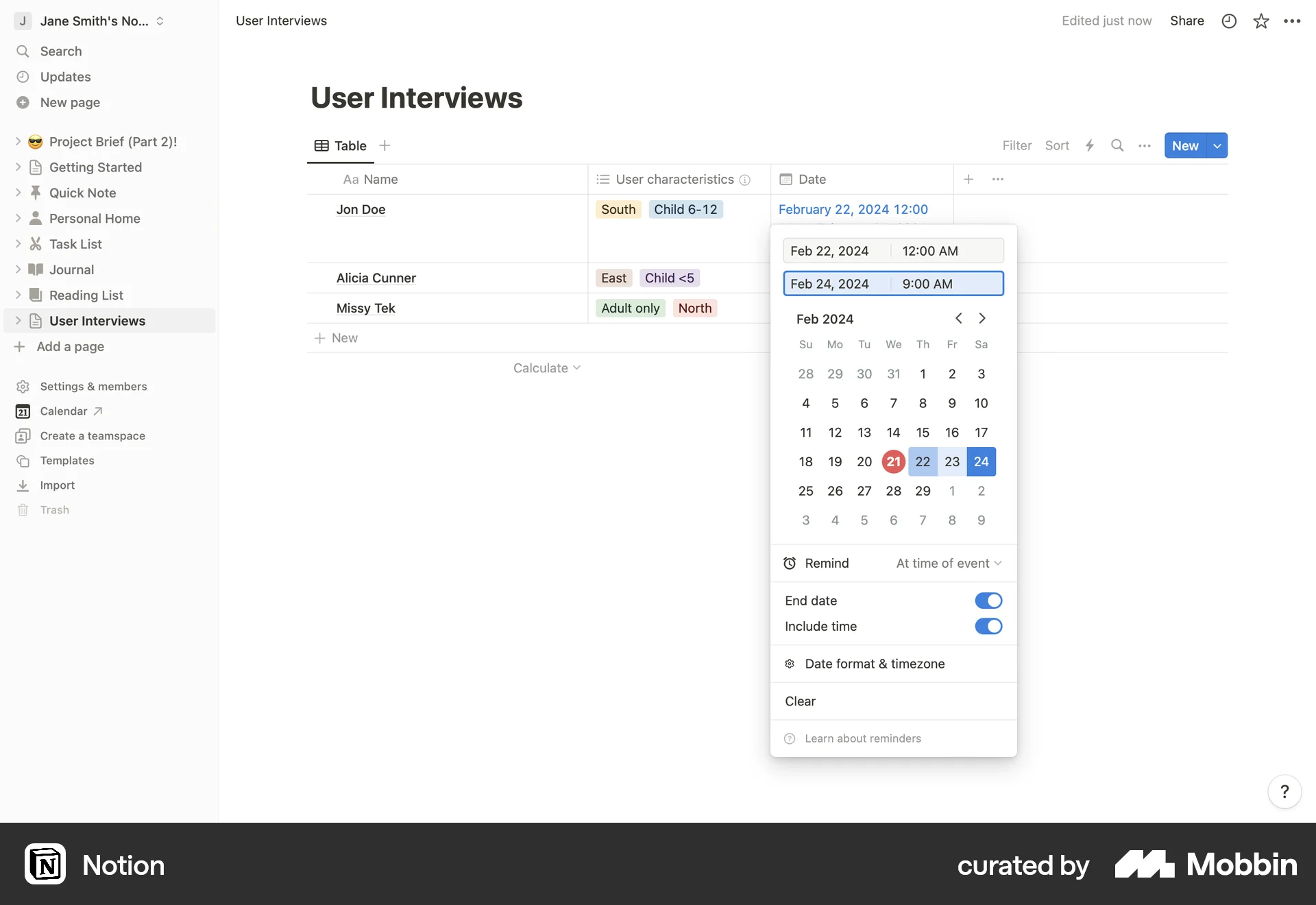 Notion Web Calendar screen