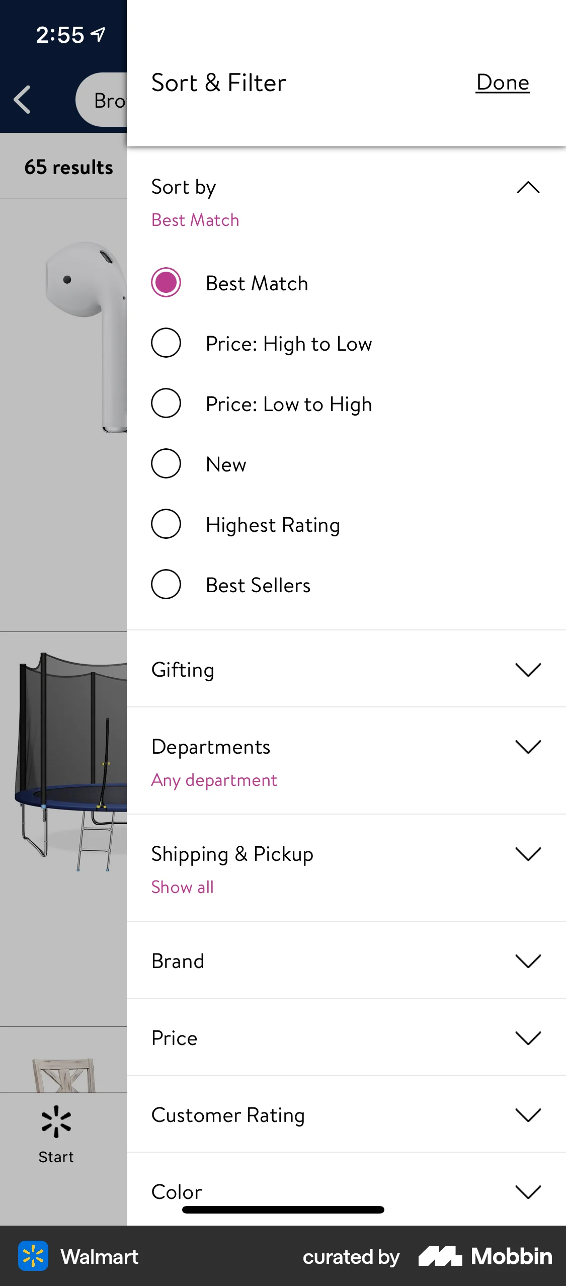 Walmart iOS screen containing Drawer UI element