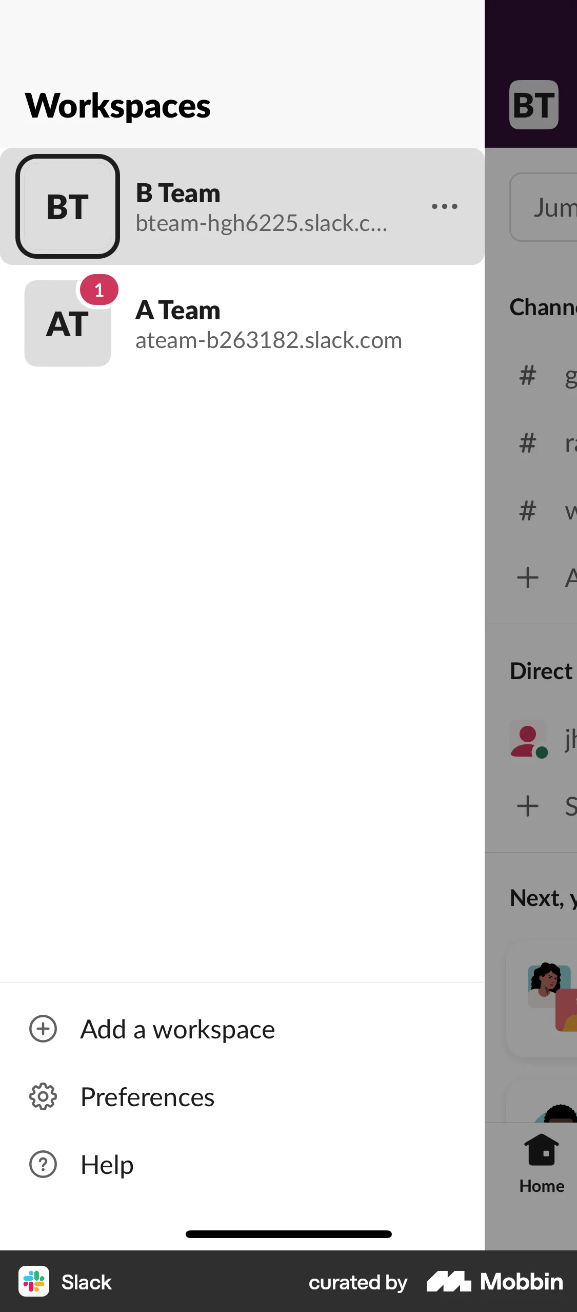 Slack iOS screen containing Side Navigation UI element