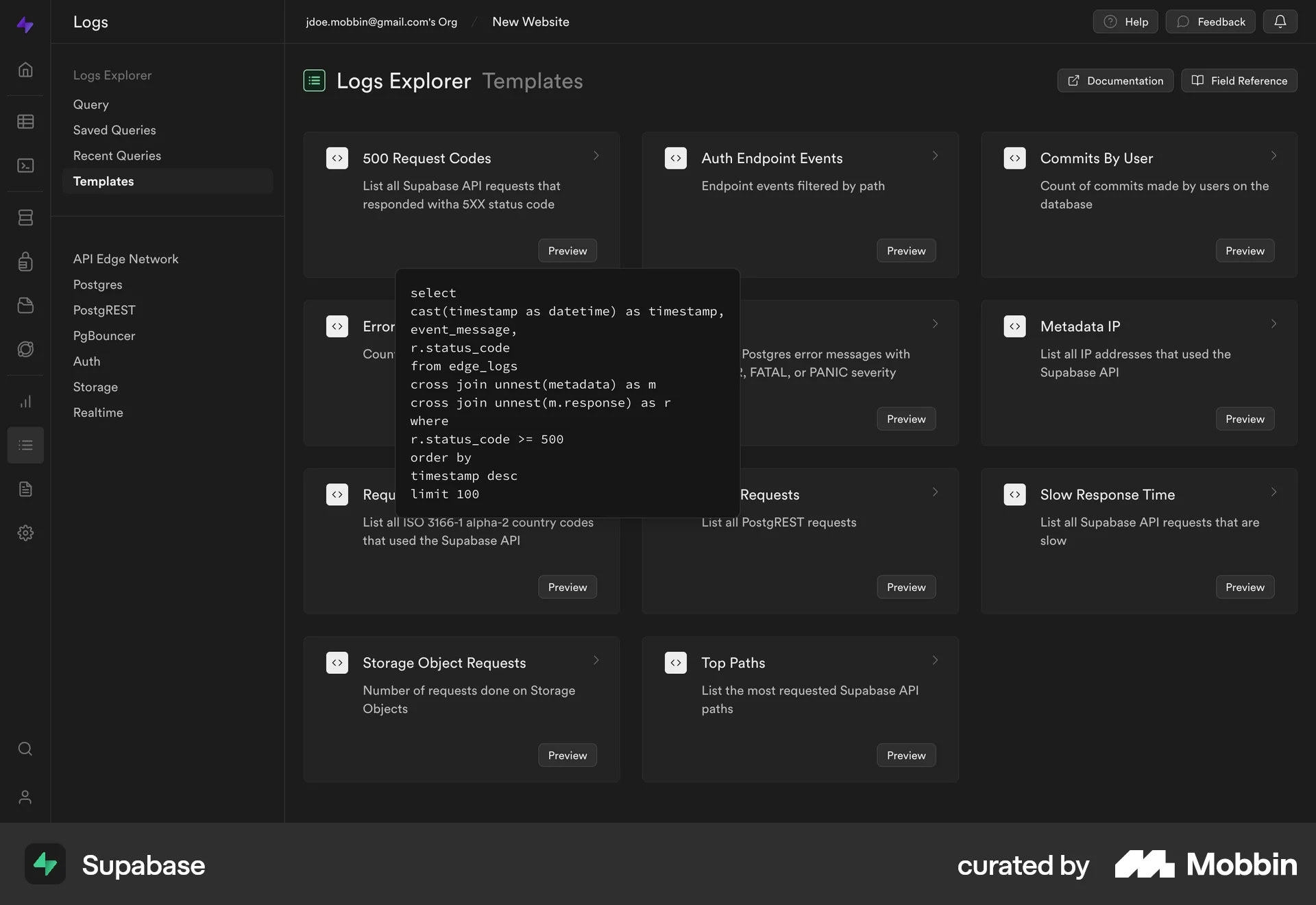 Supabase Web Log Dashboard screen