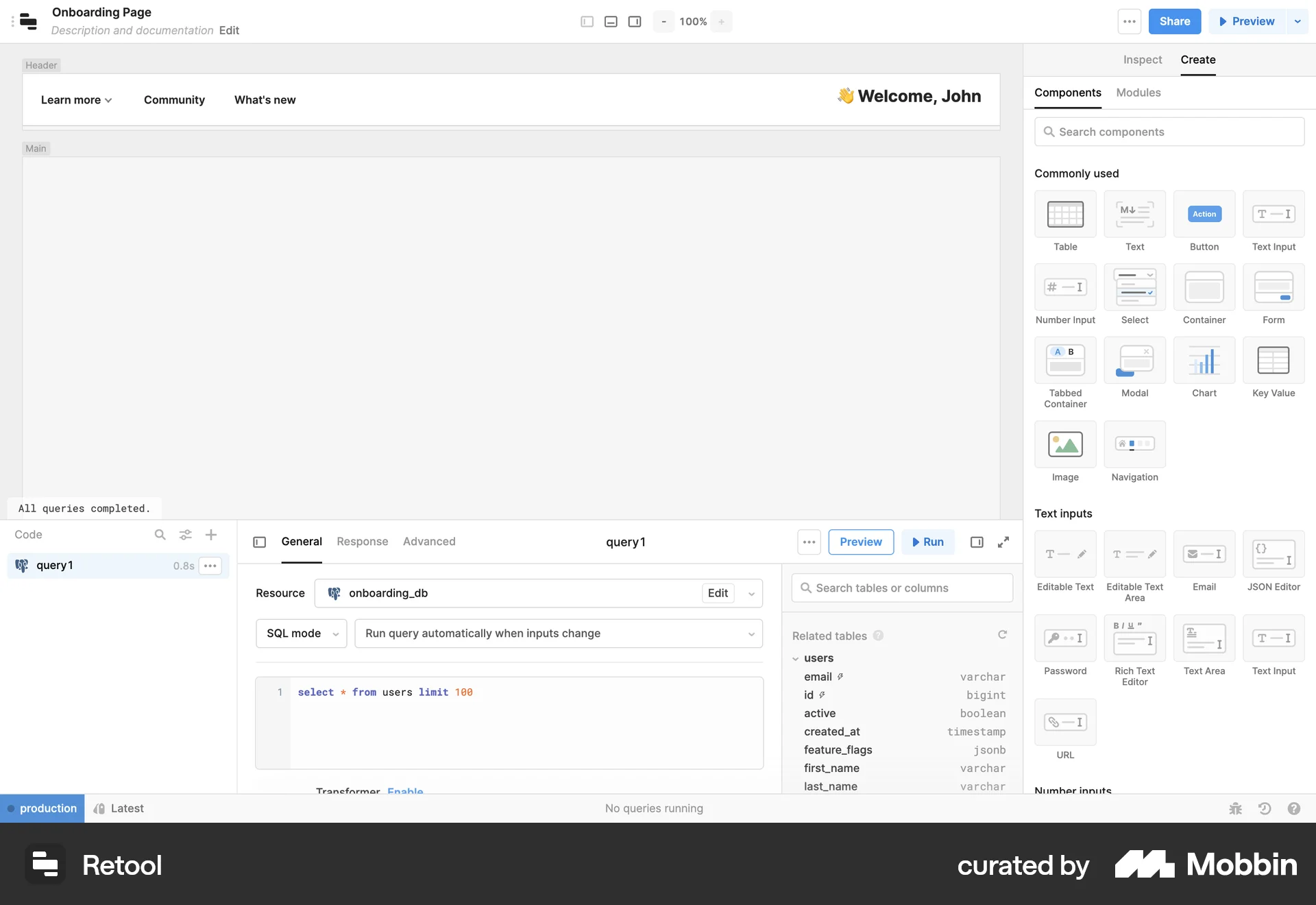 Retool Web screen containing Editable Text UI element