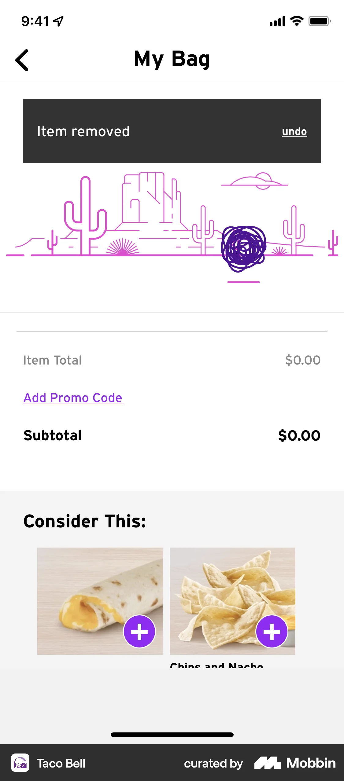 Taco Bell iOS screen containing Toast UI element
