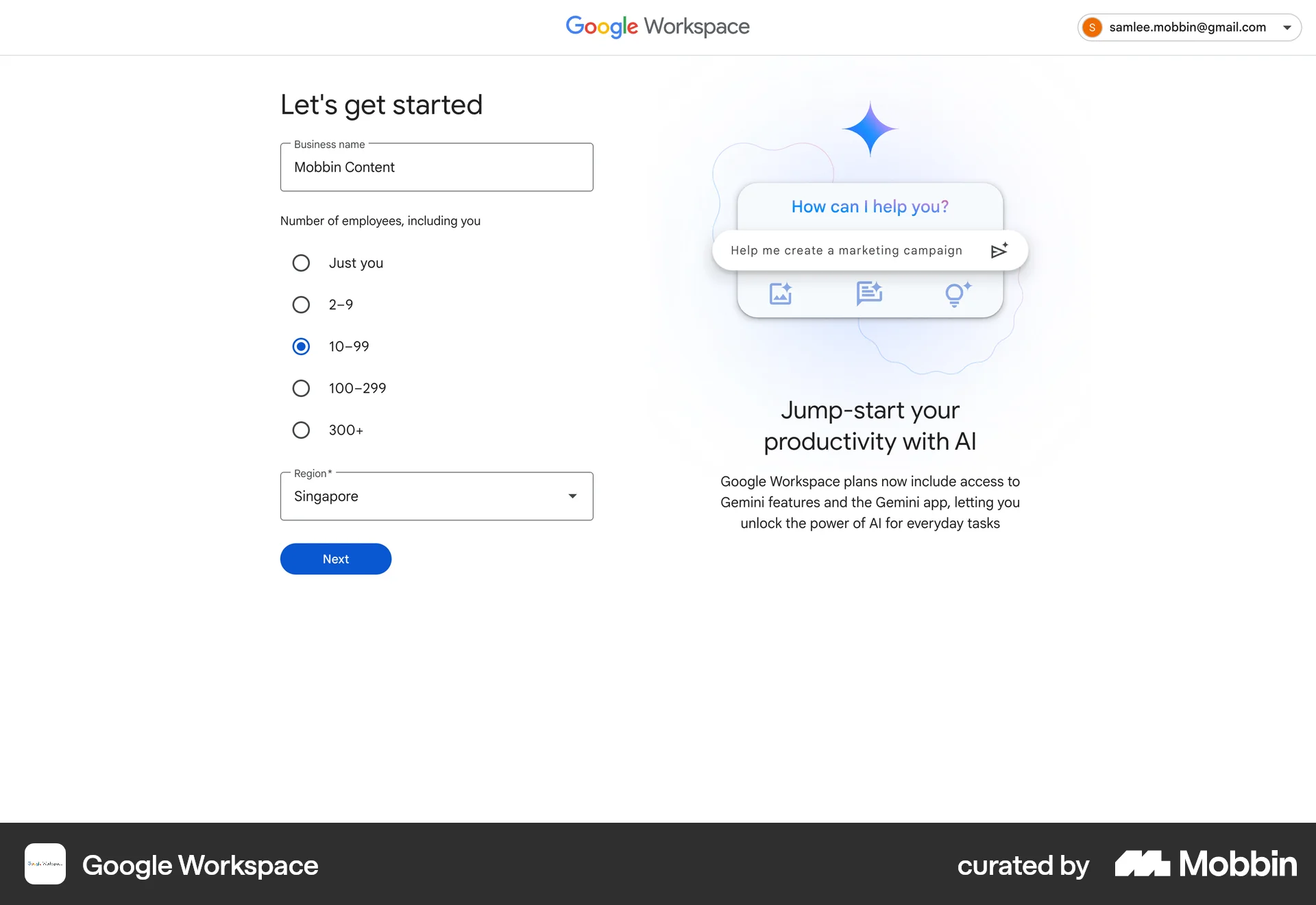 Google Workspace Web Account Setup screen