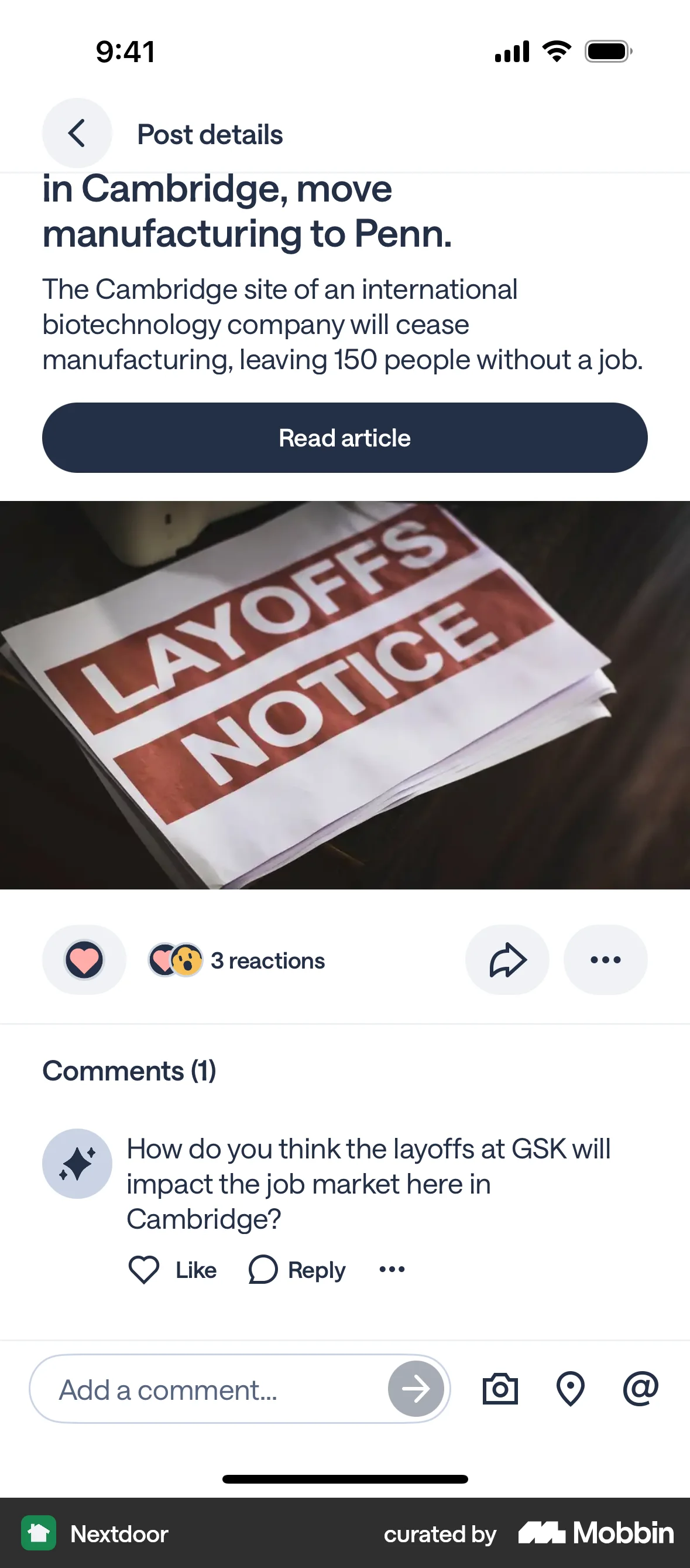 Nextdoor iOS Like & Upvote screen