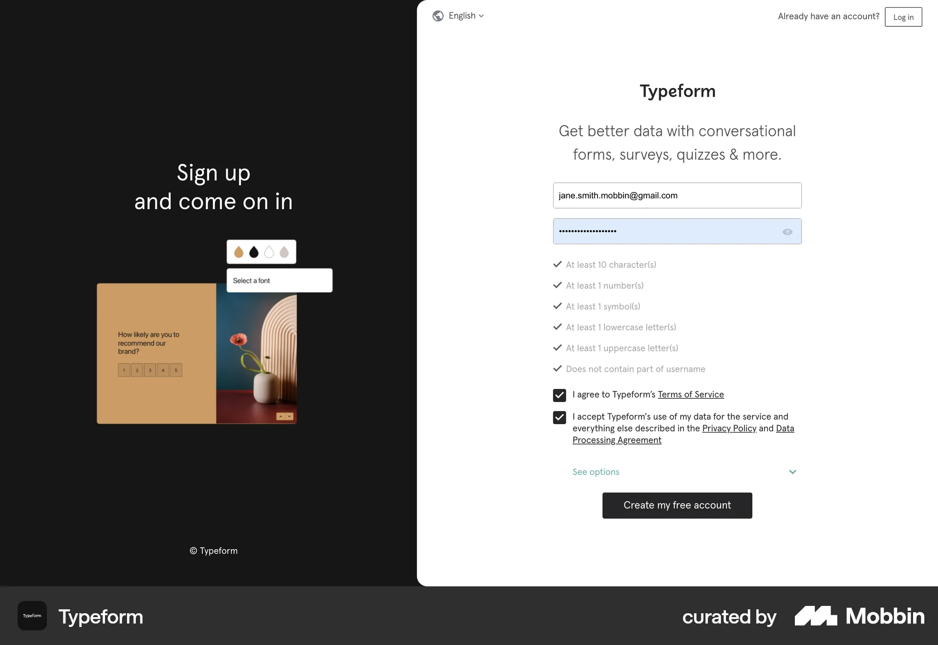 Typeform Web Signup screen