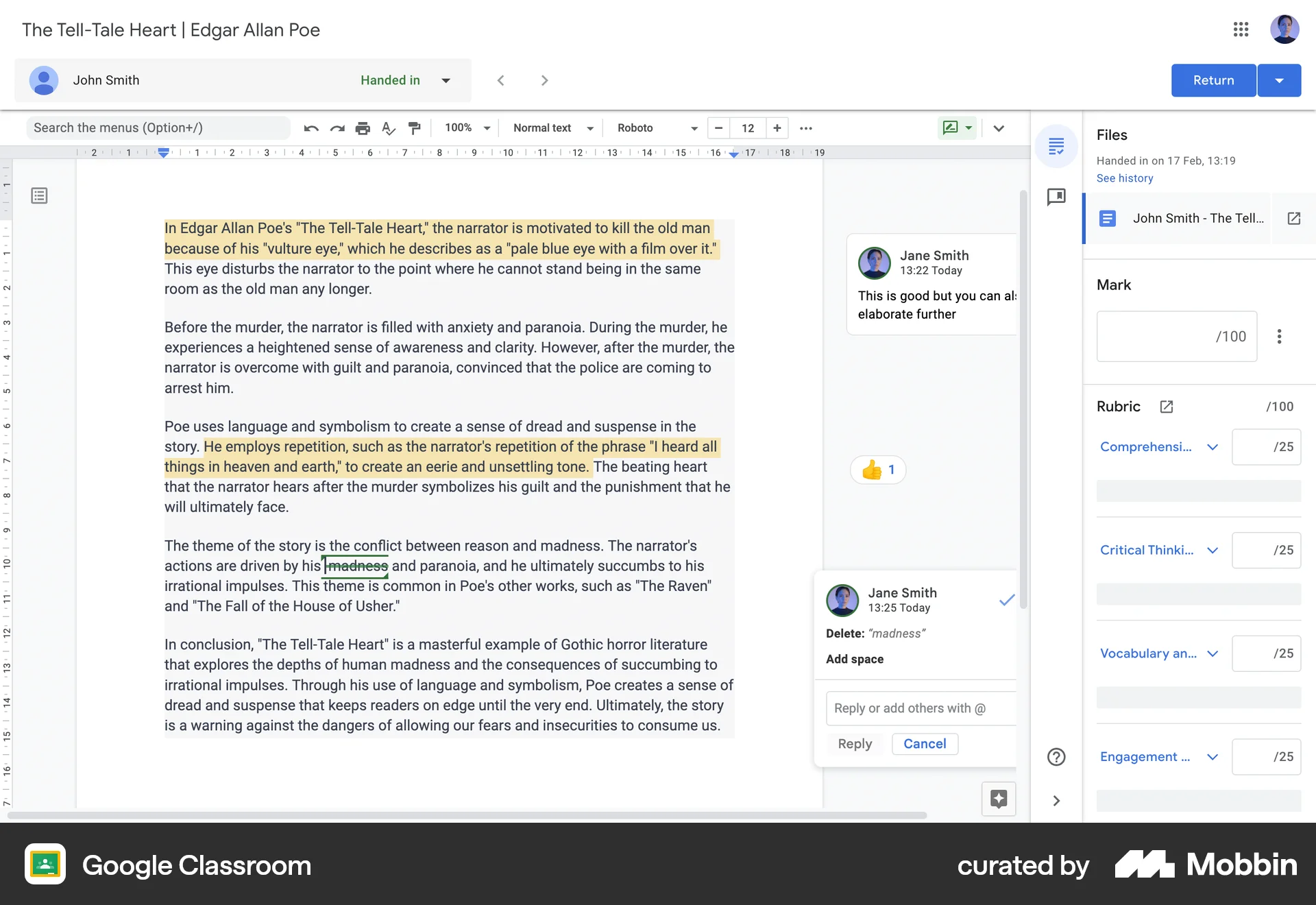 Google Classroom Web Comments screen